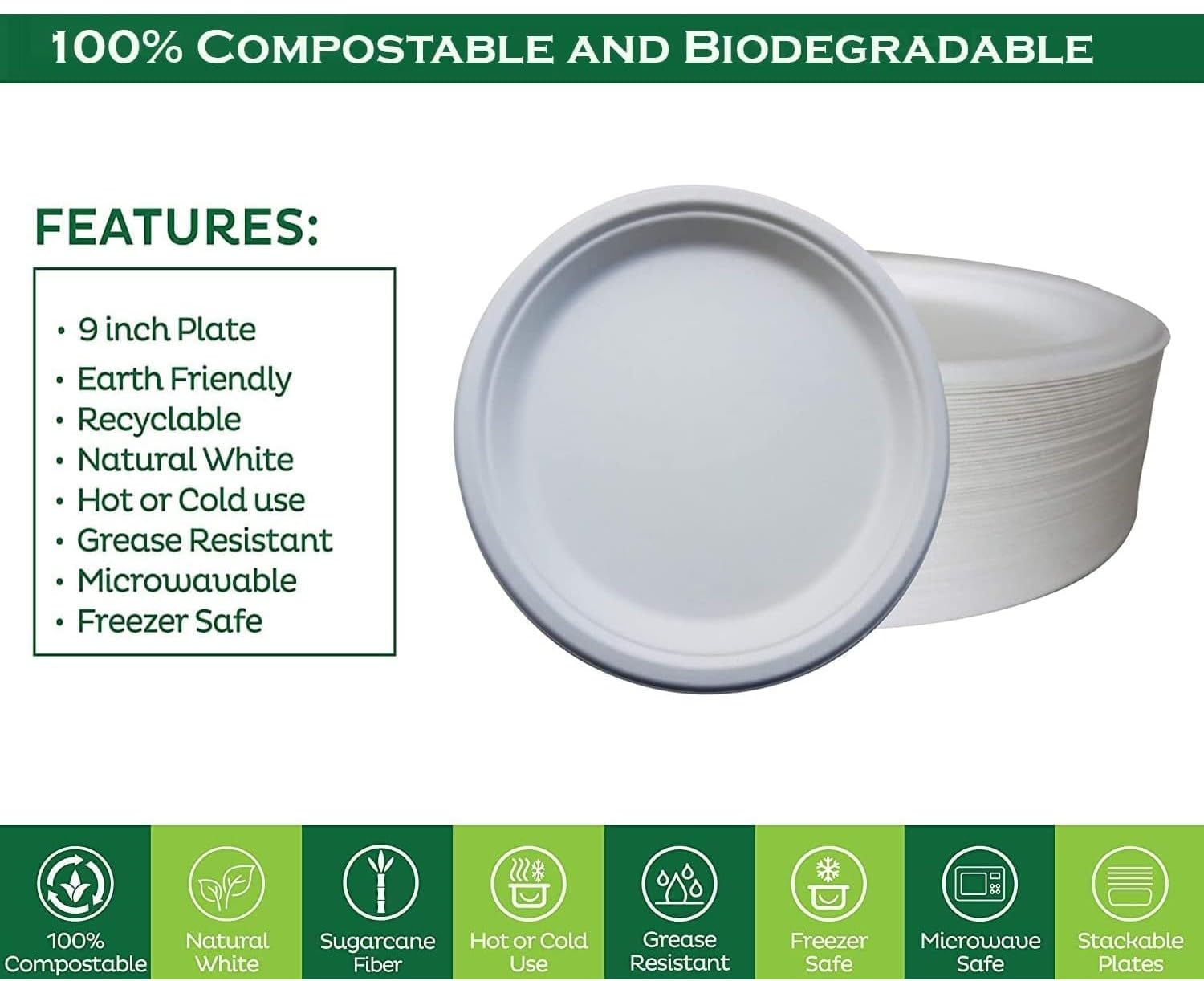 50-Pack Large 9-Inch Premium Biodegradable Bagasse Plates - Super Strong & Rigid, Eco-Friendly Compostable Dinnerware for Parties, Picnics, BBQs, Work Lunches & Everyday Use