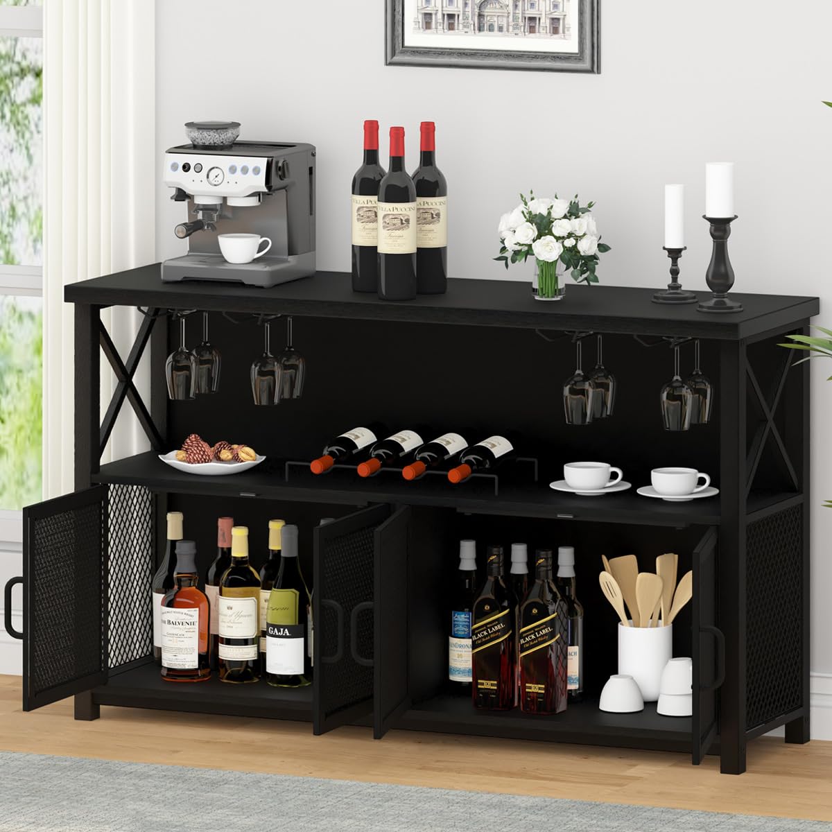 LVB Black Coffee Bar Cabinet - Modern Liquor Cabinet with Wine Rack Storage for Kitchen, Dining Room & Home Bar - Farmhouse Style Sideboard Buffet for Wine Glasses & Bottles Organization - Perfect for Entertaining Guests & Stylish Home Decor (47