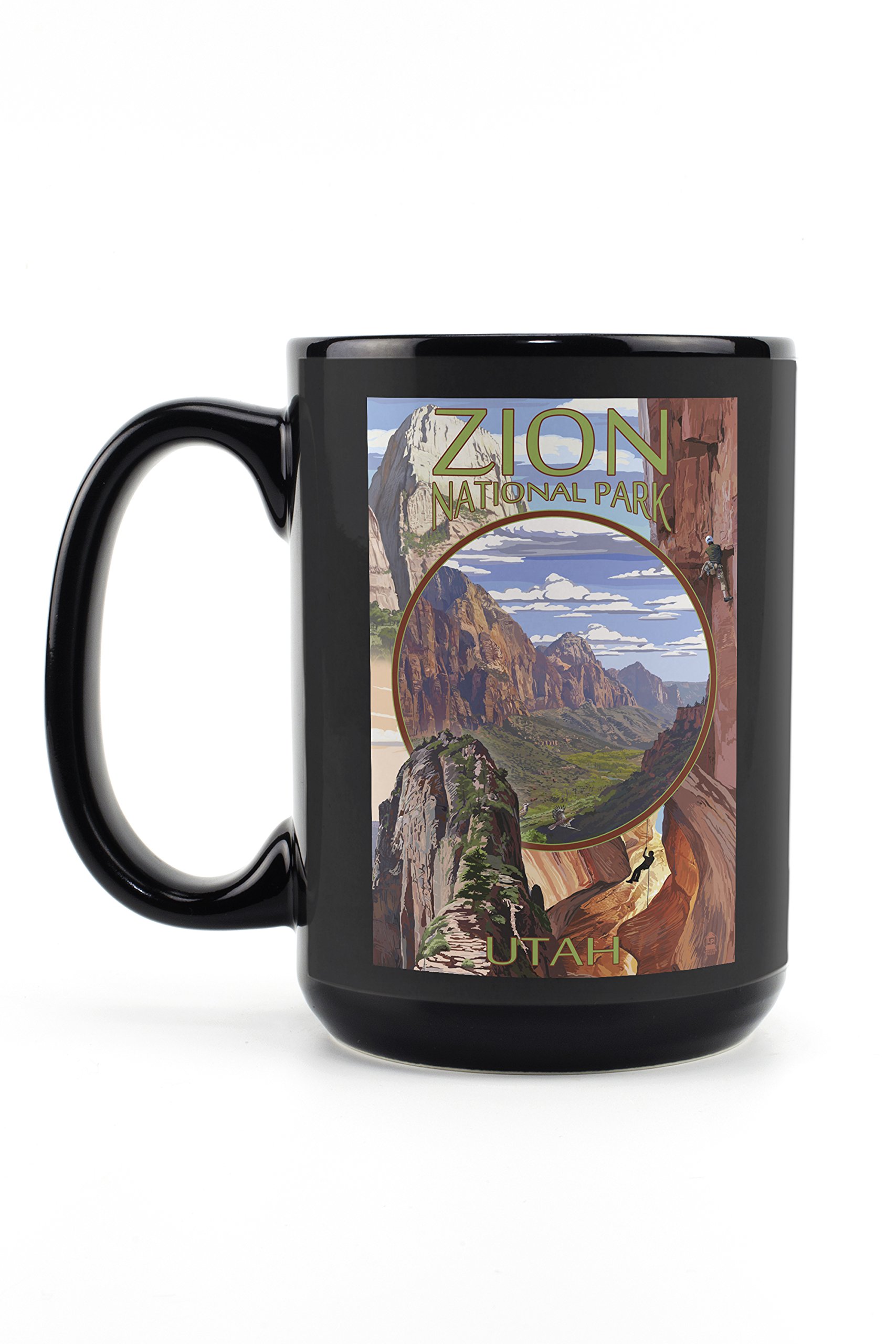 Lantern Press Zion National Park Utah Scenic Montage Views - 15oz Black Ceramic Coffee & Tea Mug, Dishwasher & Microwave Safe - Perfect for Home, Office & Camping