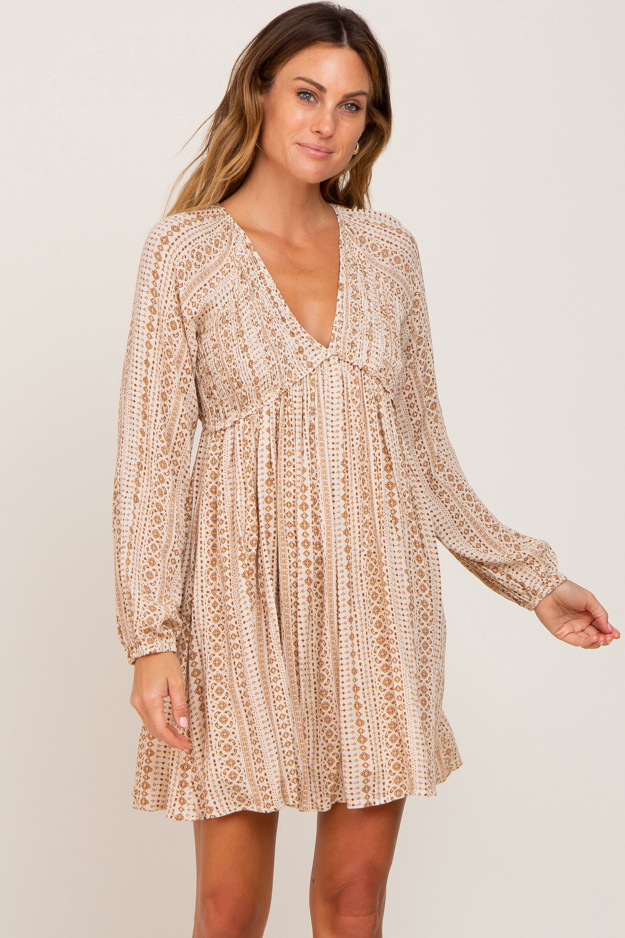 Beige Printed V-Neck Long Sleeve Maternity Dress for Pregnancy - Comfortable Stretchy Flowy Maxi Dress for Baby Shower, Photoshoot & Everyday Wear