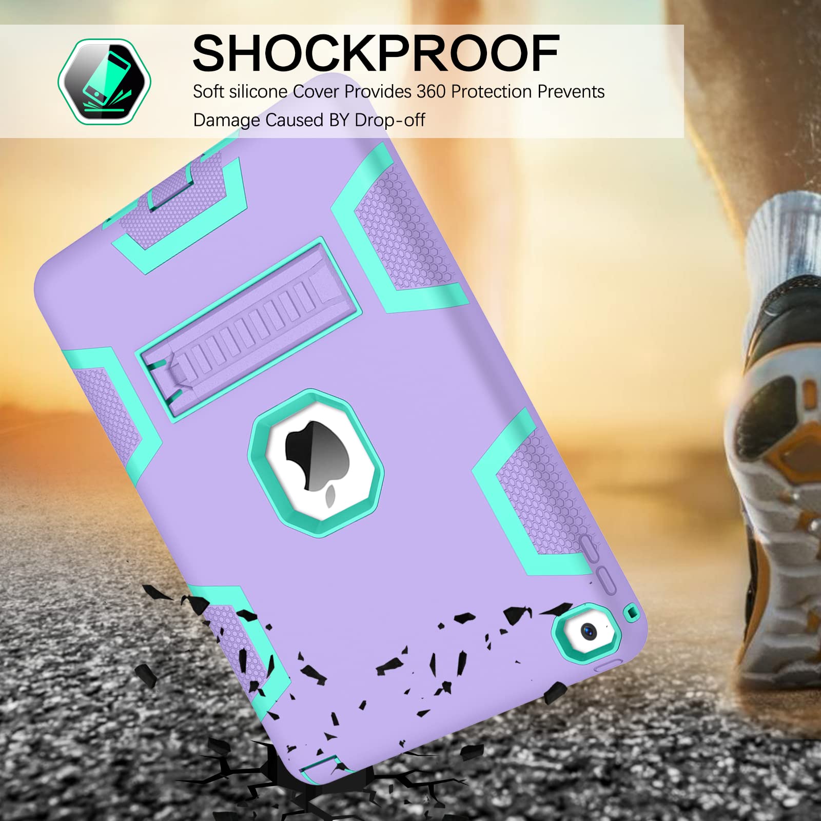 Shockproof iPad Air 2 Case (2nd Gen) - 3-in-1 Heavy Duty Protective Cover with Kickstand for A1566/A1567 (2014 Model) | Perfect for Kids, Women & Men | Purple/Green | Ideal for School, Work & Travel