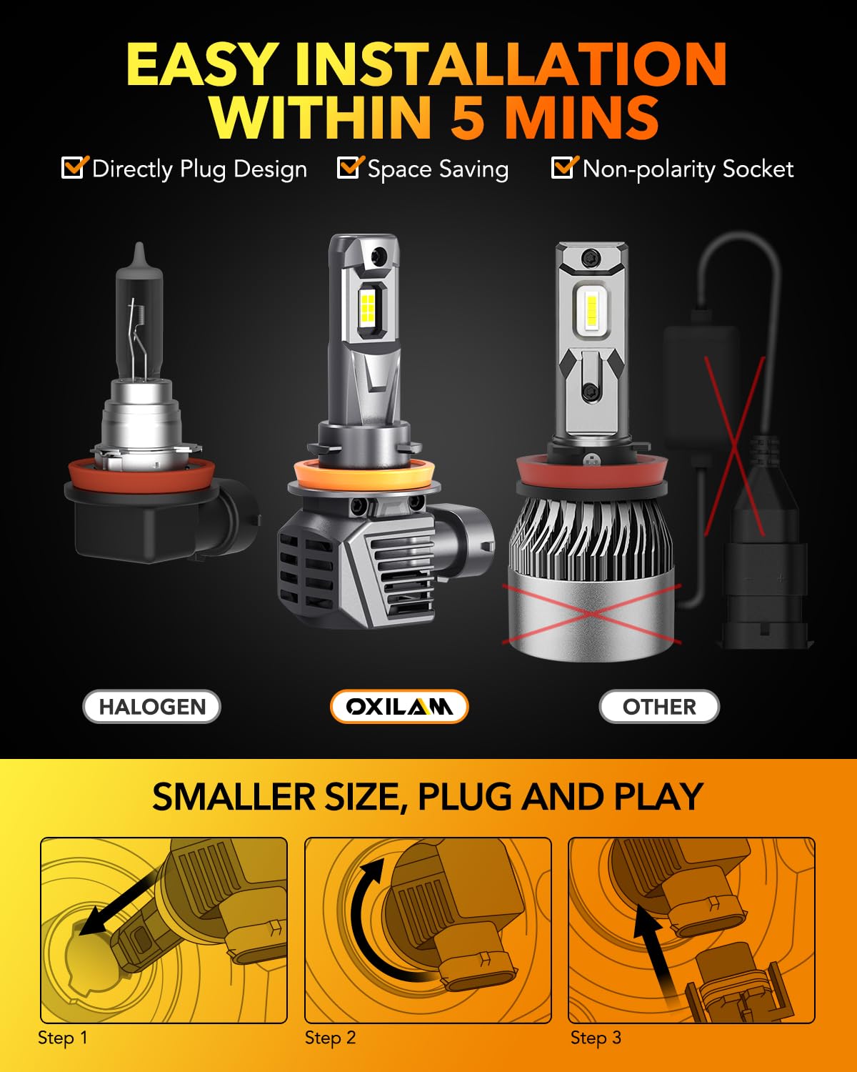 H11 H8 H9 LED Bulb 30000LM 6500K Cool White - Mini Size Halogen Fog Light Replacement, Plug and Play, Pack of 2 - Perfect for Car Headlights, Fog Lights, and Off-Road Vehicles