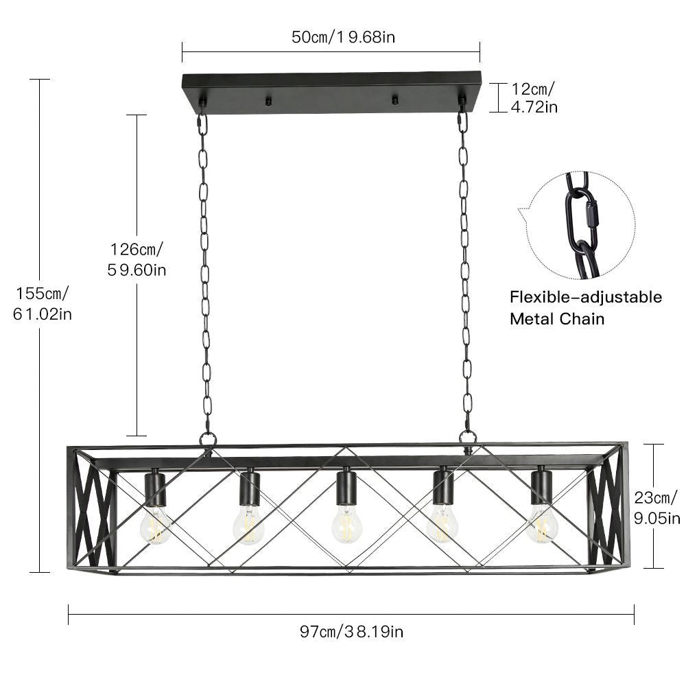 Depuley 5-Light Industrial Pendant Lighting Fixture - Rectangular Open Frame Farmhouse Ceiling Light for Kitchen Island, Dining Room, Living Room & Cellar - Matte Black Finish with E26 Sockets - Perfect for Modern Farmhouse, Industrial & Rustic Home Decor