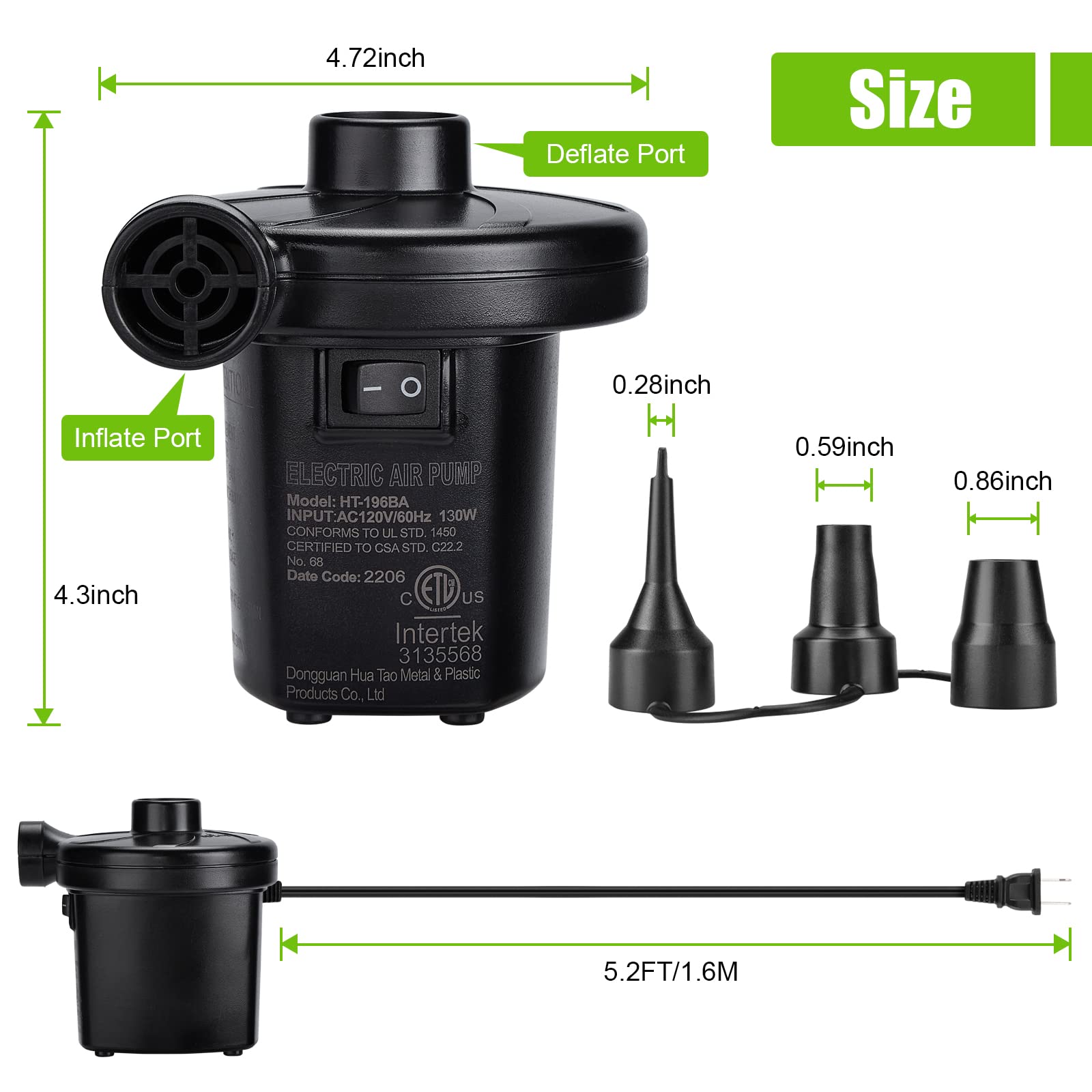 CAMULAND 130W Electric Air Pump with 3 Nozzles - Fast Inflation for Air Mattress, Inflatable Couch, Pool Floats, Rafts & Boats - Portable Air Pump for Camping, Beach Trips & Home Use