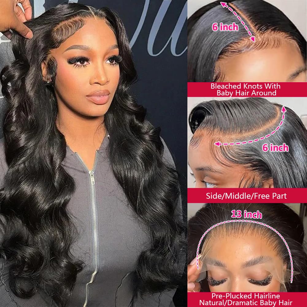 VIPbeauty 28 Inch 13x6 HD Lace Front Wigs Human Hair - Pre Plucked Bleached Knots with Baby Hair, 180% Density Body Wave Full Lace Frontal Wig for Black Women (Natural Color) - Perfect for Daily Wear, Parties, Weddings & Special Occasions