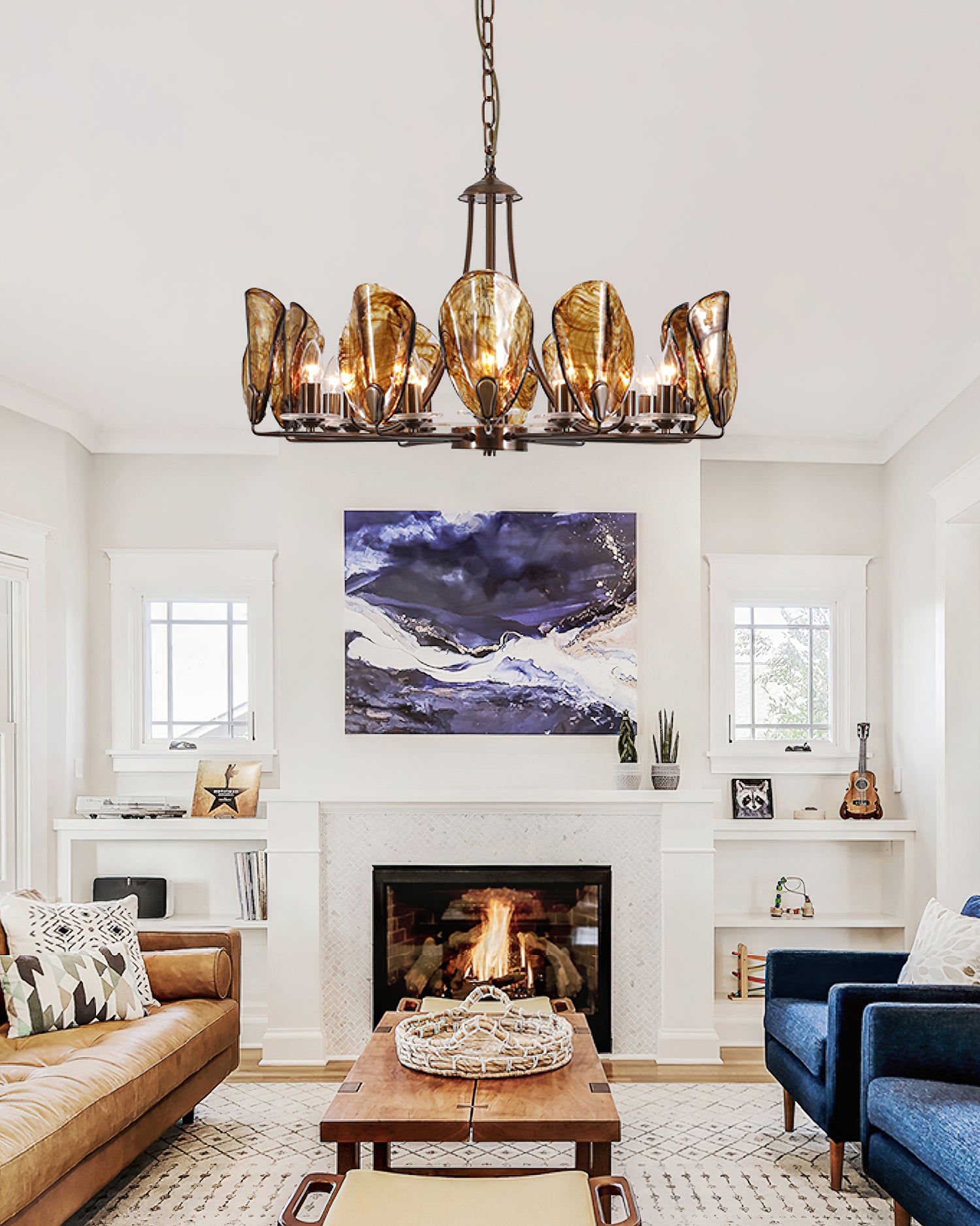 Amber Shell Chandelier - Elegant Coastal Lighting Fixture for Beach House, Dining Room, or Bedroom Decor | Handcrafted Seashell Pendant Light with Warm Glow