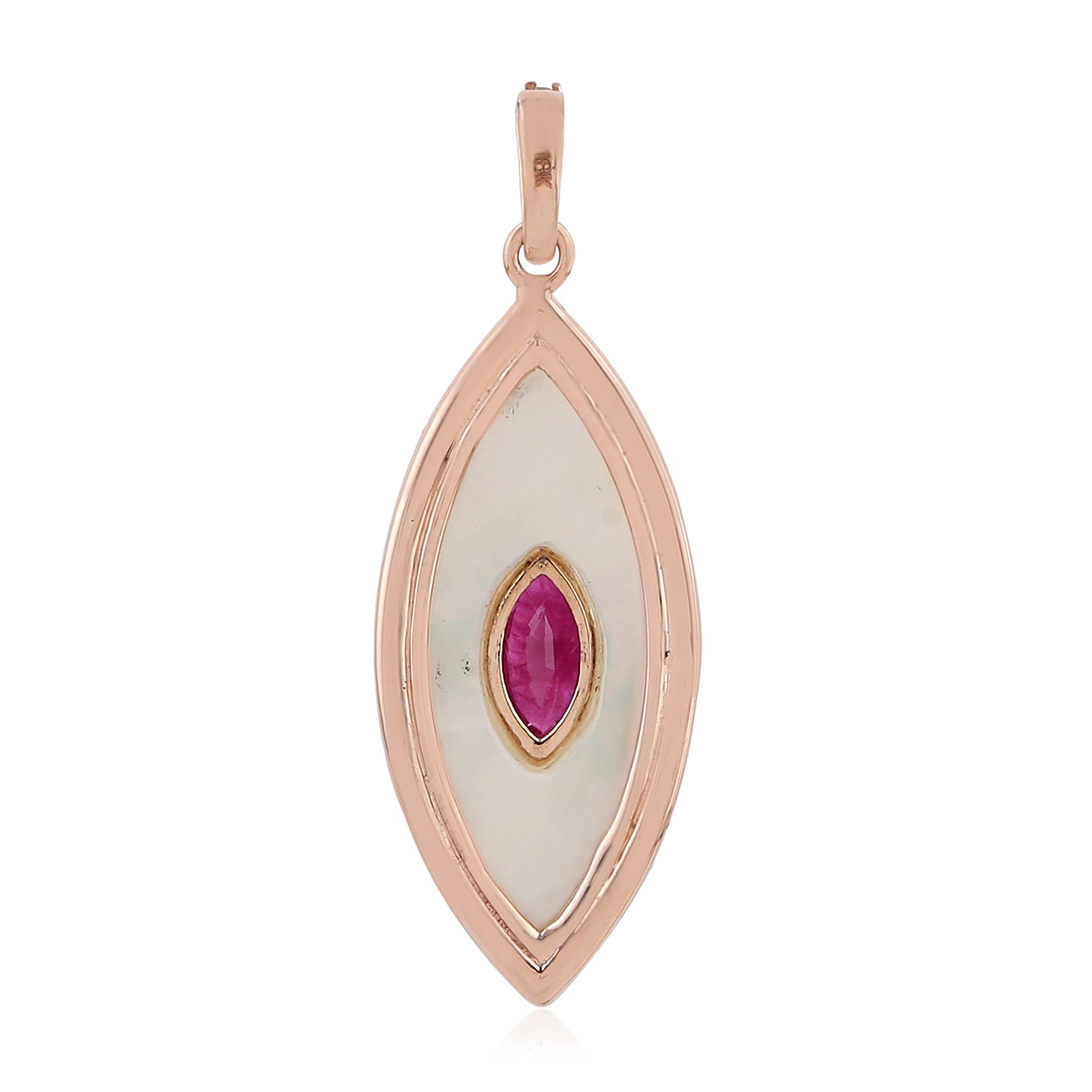 18K Rose Gold Marquise Pendant with Mother of Pearl, Ruby Pave & Diamond Accents - Elegant Jewelry for Weddings, Anniversaries & Special Occasions