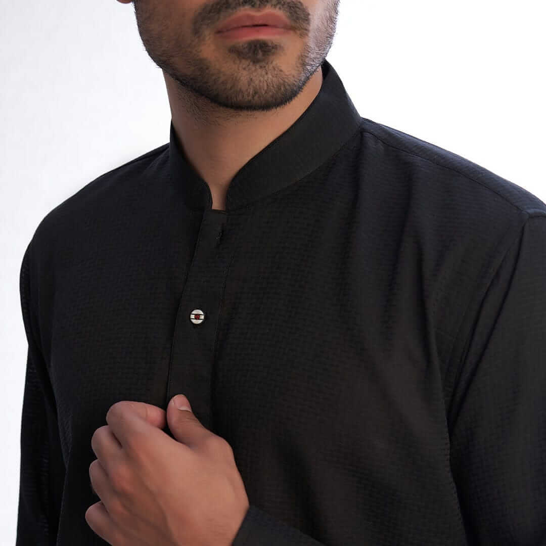 Stylish Black Textured Kurta with White Trousers/Shalwar - Traditional Pakistani Outfit for Men, Perfect for Eid, Weddings & Special Occasions