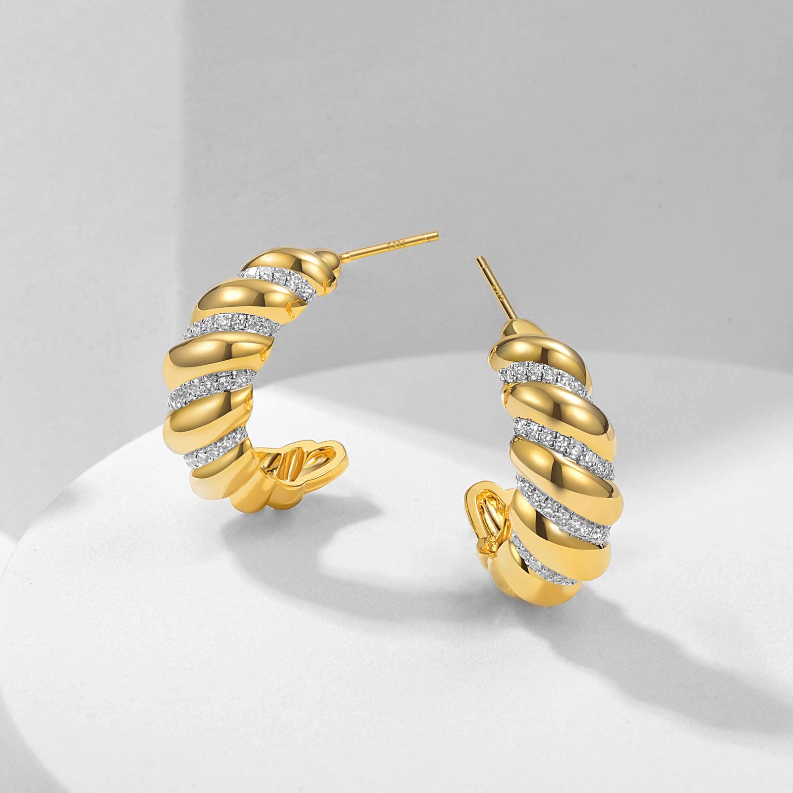 14K Gold Plated Croissant Hoop Earrings for Women - 925 Sterling Silver Huggie Earrings with CZ Stones | Trendy Twisted Round Chunky Hoops | Perfect Mother's Day Gift, Birthday Present & Everyday Fashion Jewelry