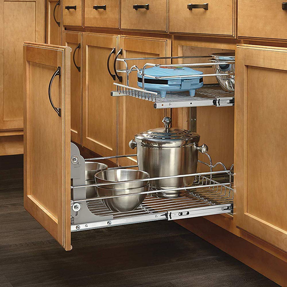Rev-A-Shelf 15x22 Inch Chrome 2-Tier Pull Out Wire Basket Organizer for Kitchen Cabinets - Space Saving Storage Solution for Pots, Pans & Utensils