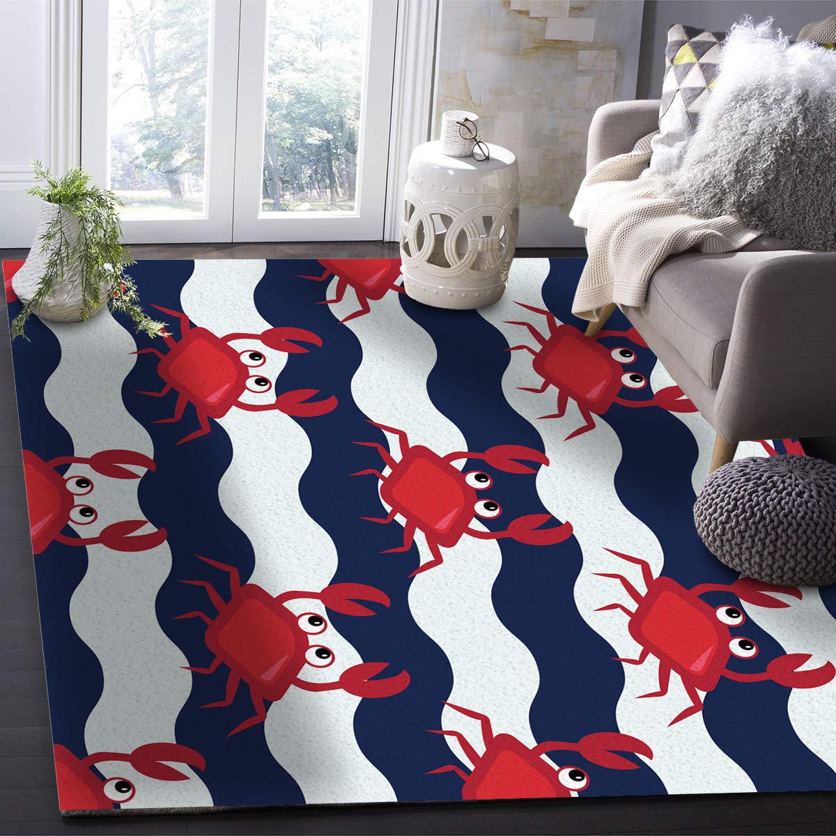 Non-Slip Red Crab Blue Chevron Area Rug 5'x7' - Soft Rectangular Floor Mat for Living Room, Bedroom, Kids Room & Kitchen | Indoor Home Decor, Anti-Skid Design for High Traffic Areas