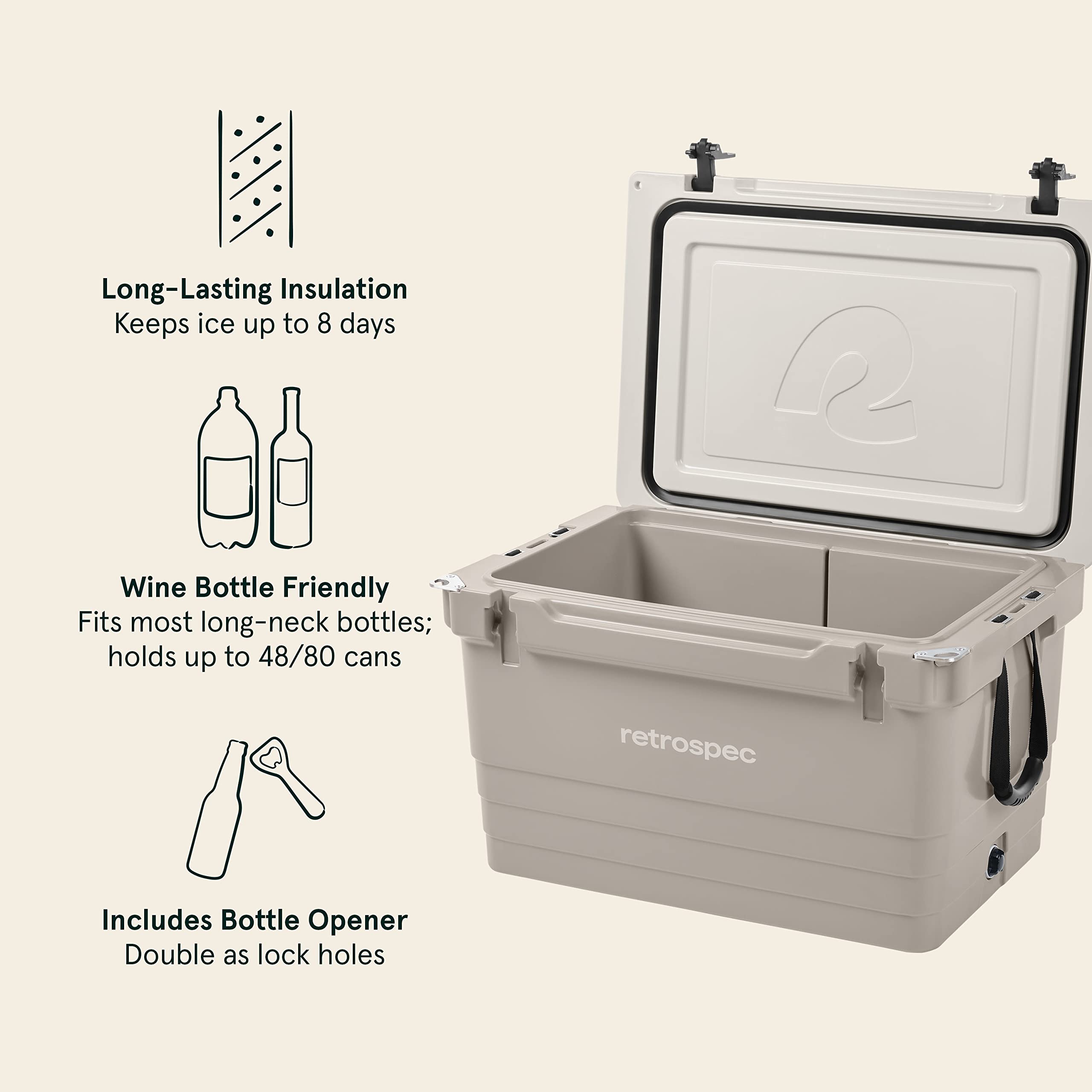 Retrospec Palisade 65 Qt Rotomolded Cooler - Heavy Duty Insulated Ice Chest with Built-in Bottle Opener, Tie-Down Slots & Dry Storage Basket - Perfect for Beach Trips, Camping, Tailgating & Outdoor Adventures - Dune Color