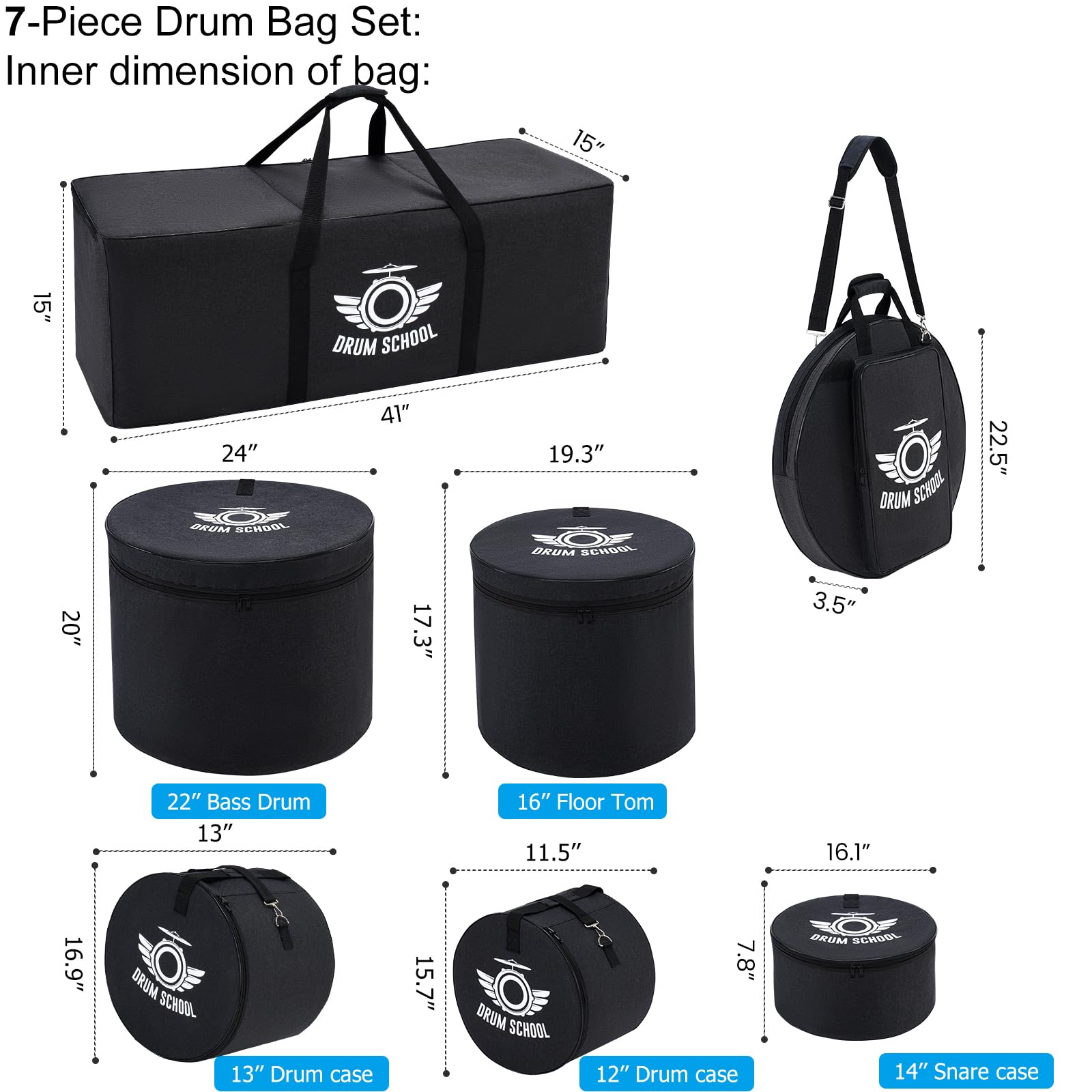 7-Piece Heavy Duty Drum Bags Set - Thick Padded Carrying Cases for 12