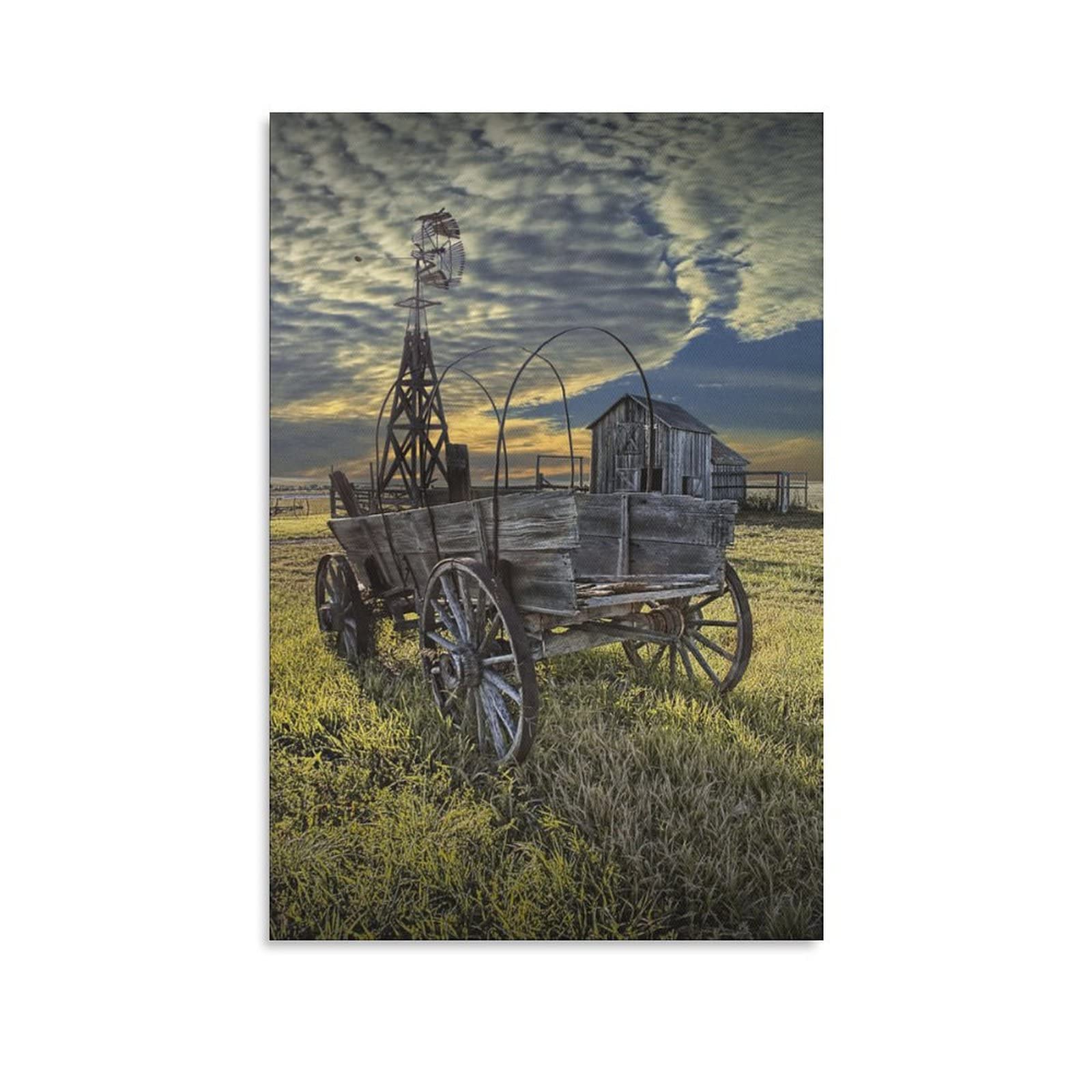 Vintage Covered Wagon Windmill & Barn Prairie Landscape Canvas Wall Art - 1880s Western Town Decor for Bedroom, Office & Living Room | Rustic Farmhouse Painting Print for Home Decor & Gift Giving