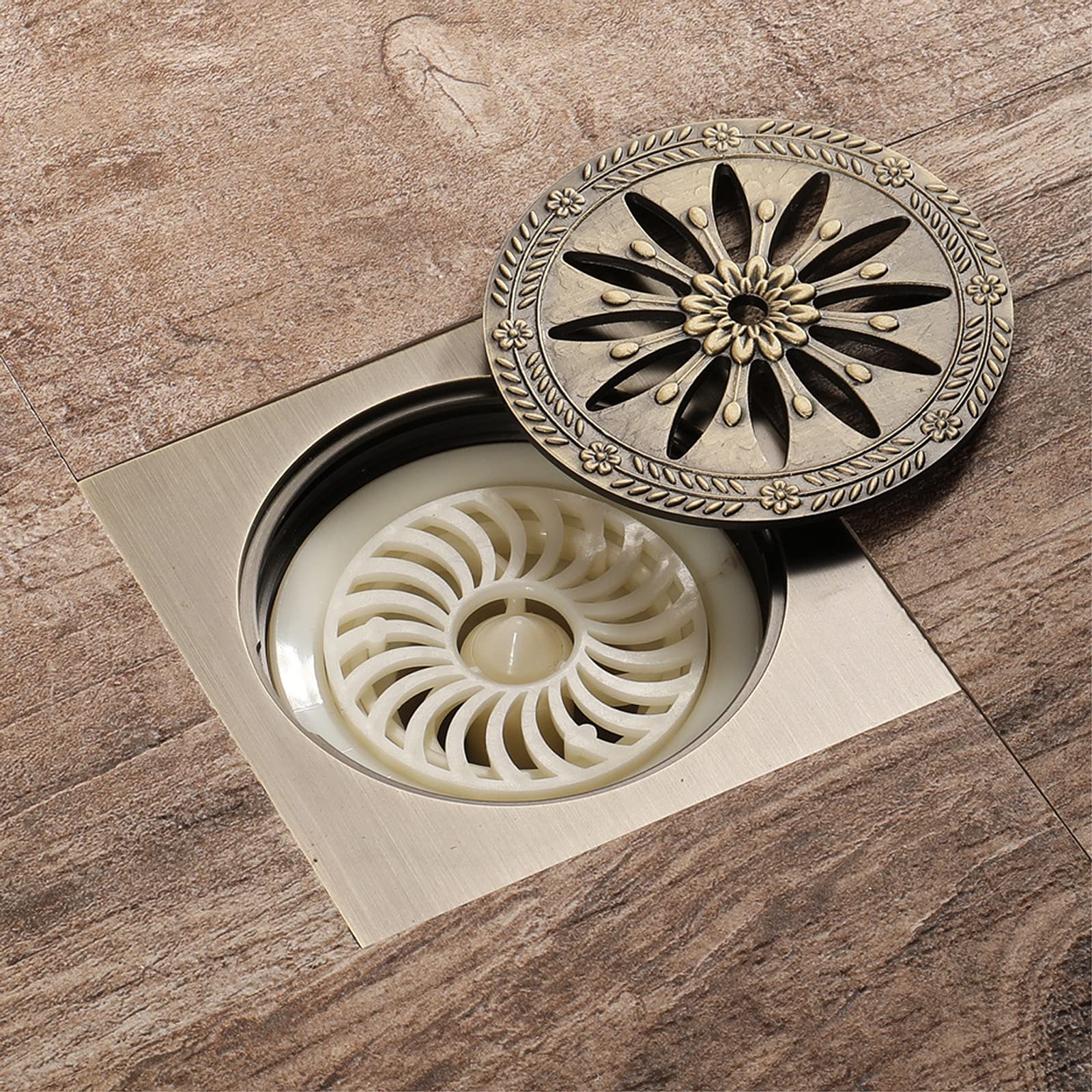 4 Inch Square Brass Shower Drain - Antique Bronze Bathroom Floor Drain with Removable Cover Grate - Perfect for Bathroom, Shower, and Wet Room Installations