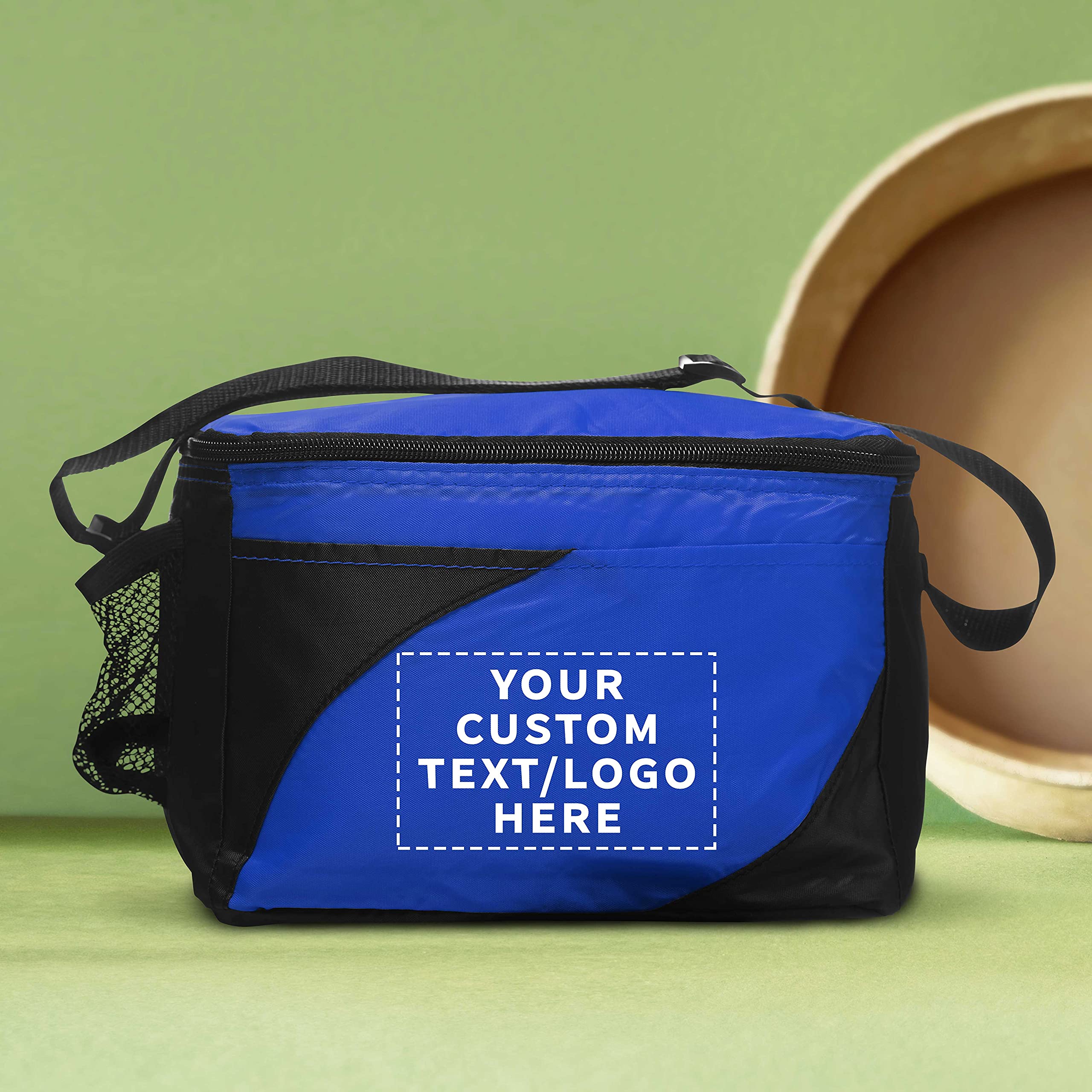 10 Pack Insulated Cooler Lunch Bags with Front & Side Pockets - Custom Text/Logo - Perfect for School, Work, Picnics & Outdoor Activities - Blue