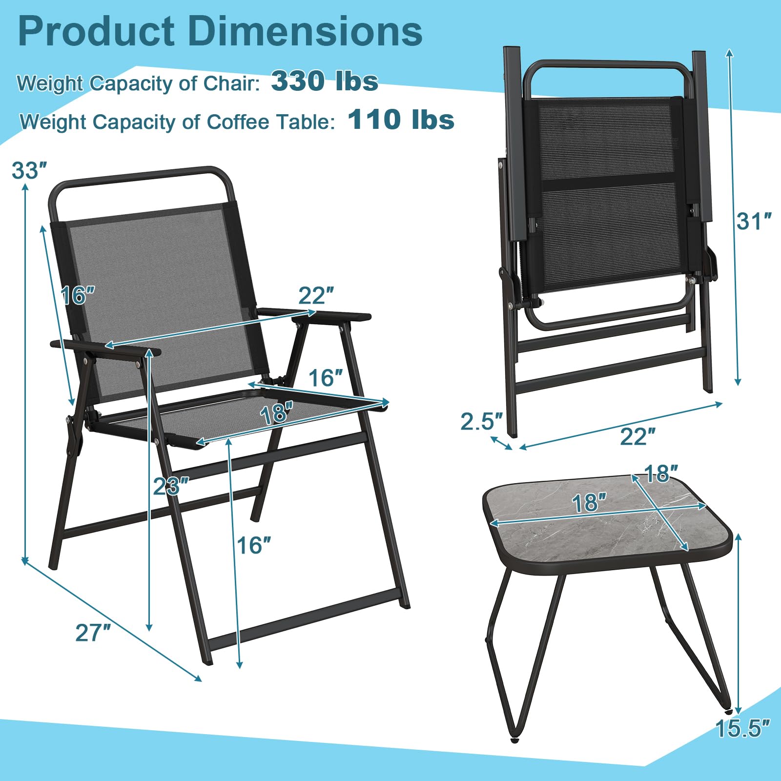 Tangkula 3-Piece Patio Fistro Set - 2 Folding Chairs with Coffee Table, Durable Steel Frame & Breathable Fabric, Compact Outdoor Furniture for Backyard, Poolside, Balcony, Garden or Patio (Black) - Perfect for Relaxing, Entertaining Guests or Enjoying Morning Coffee Outdoors