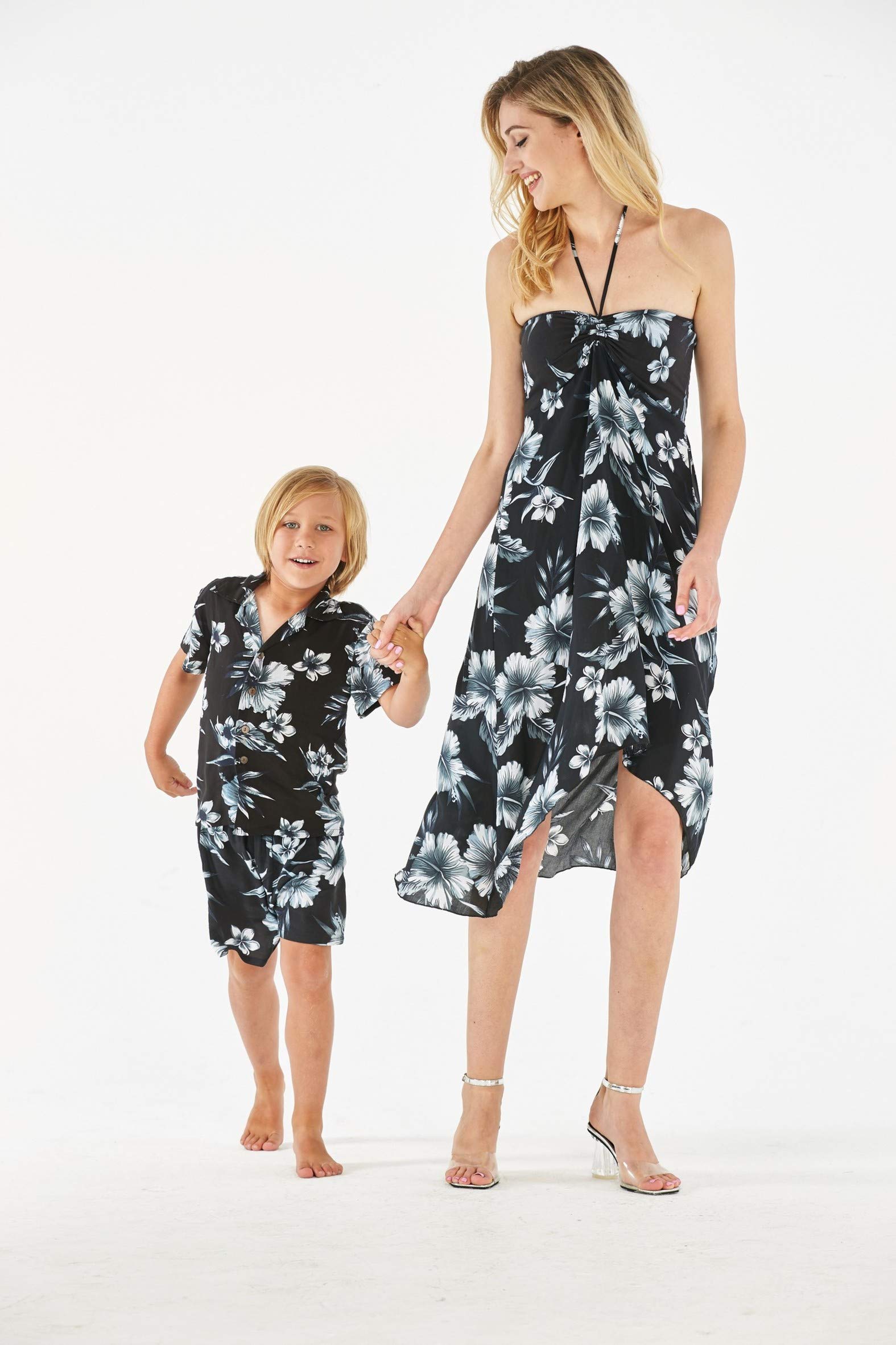 Matching Mother and Son Hawaiian Luau Outfit Set - Tropical Floral Print Dress & Shirt for Beach Party | Perfect for Family Vacations, Summer Photos, and Luau Celebrations