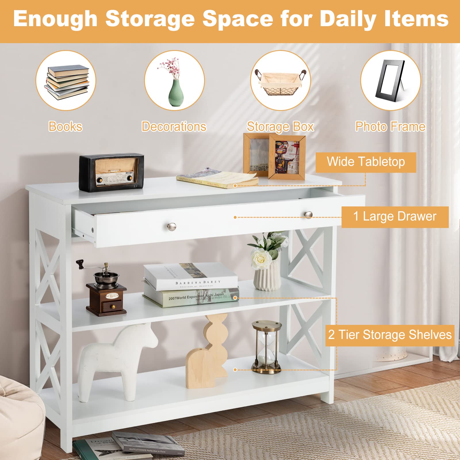 Giantex 3-Tier Console Table with Drawer & Storage Shelves - X-Design Entryway Table for Hallway, Living Room & Bedroom - White Sofa Side Table | Perfect for Small Spaces, Home Decor & Organizing Essentials
