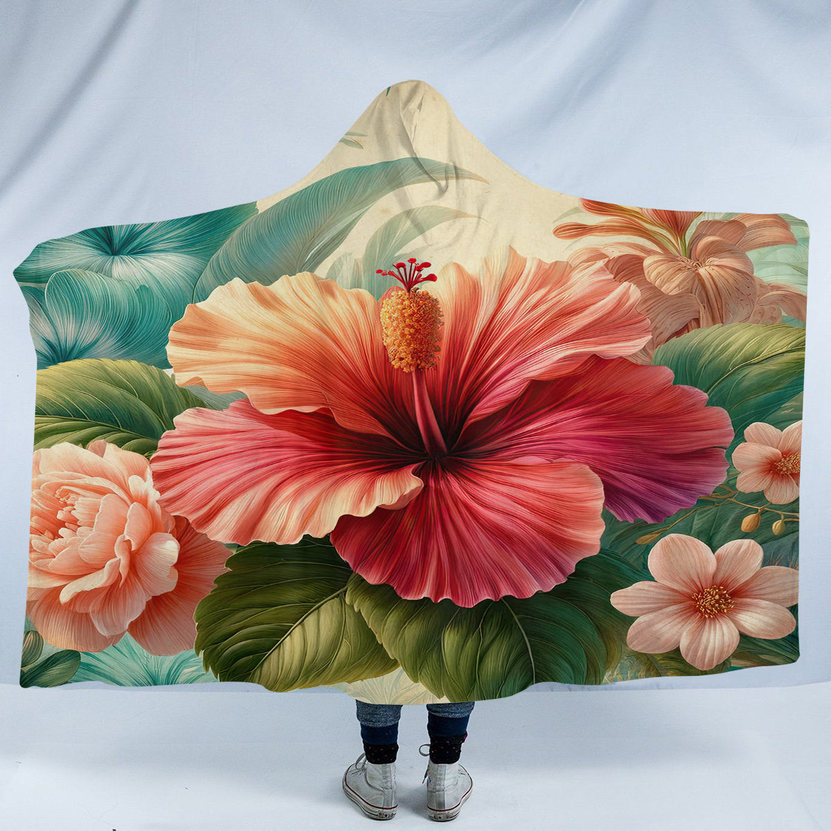 Soft & Cozy Hibiscus Flower Hooded Blanket - Warm Fleece Wearable Blanket for Adults & Teens - Perfect for Lounging, Movie Nights & Outdoor Camping
