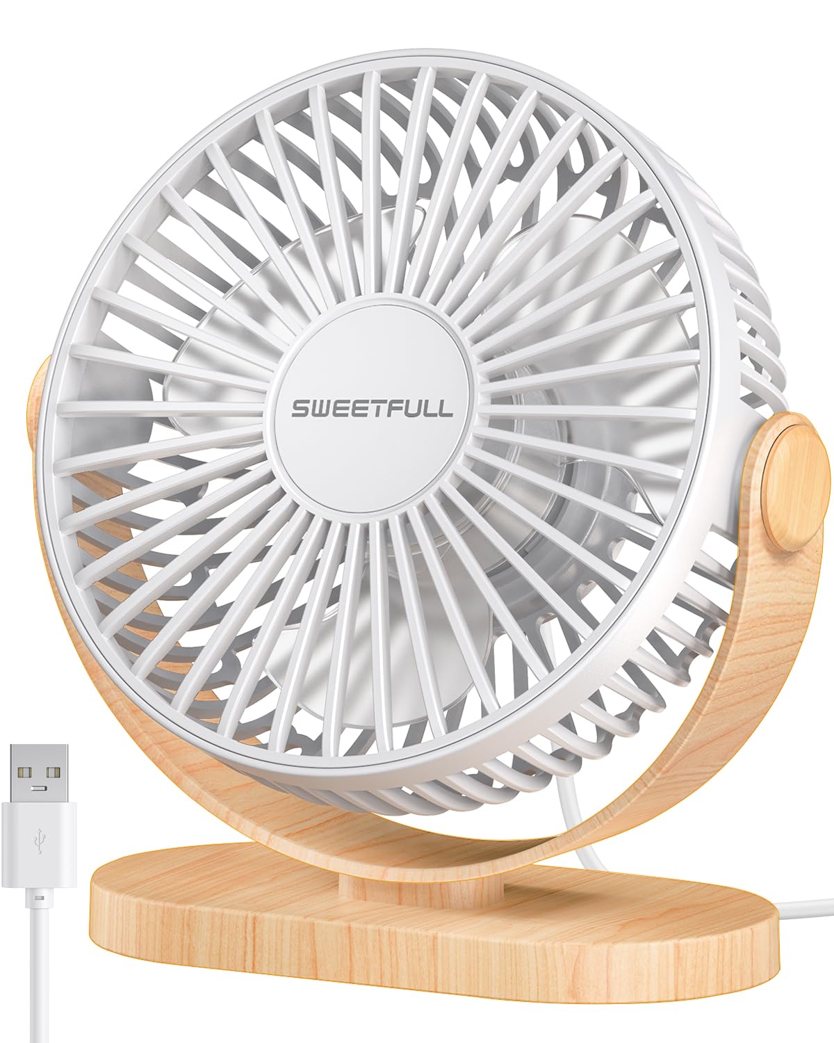 SWEETFULL USB Desk Fan - 3 Speed Portable Mini Fan with 360° Rotation, Quiet Personal Table Fan for Home, Office, Car & Travel (White Wood Grain) | Perfect for Work Desks, Bedrooms & Outdoor Activities