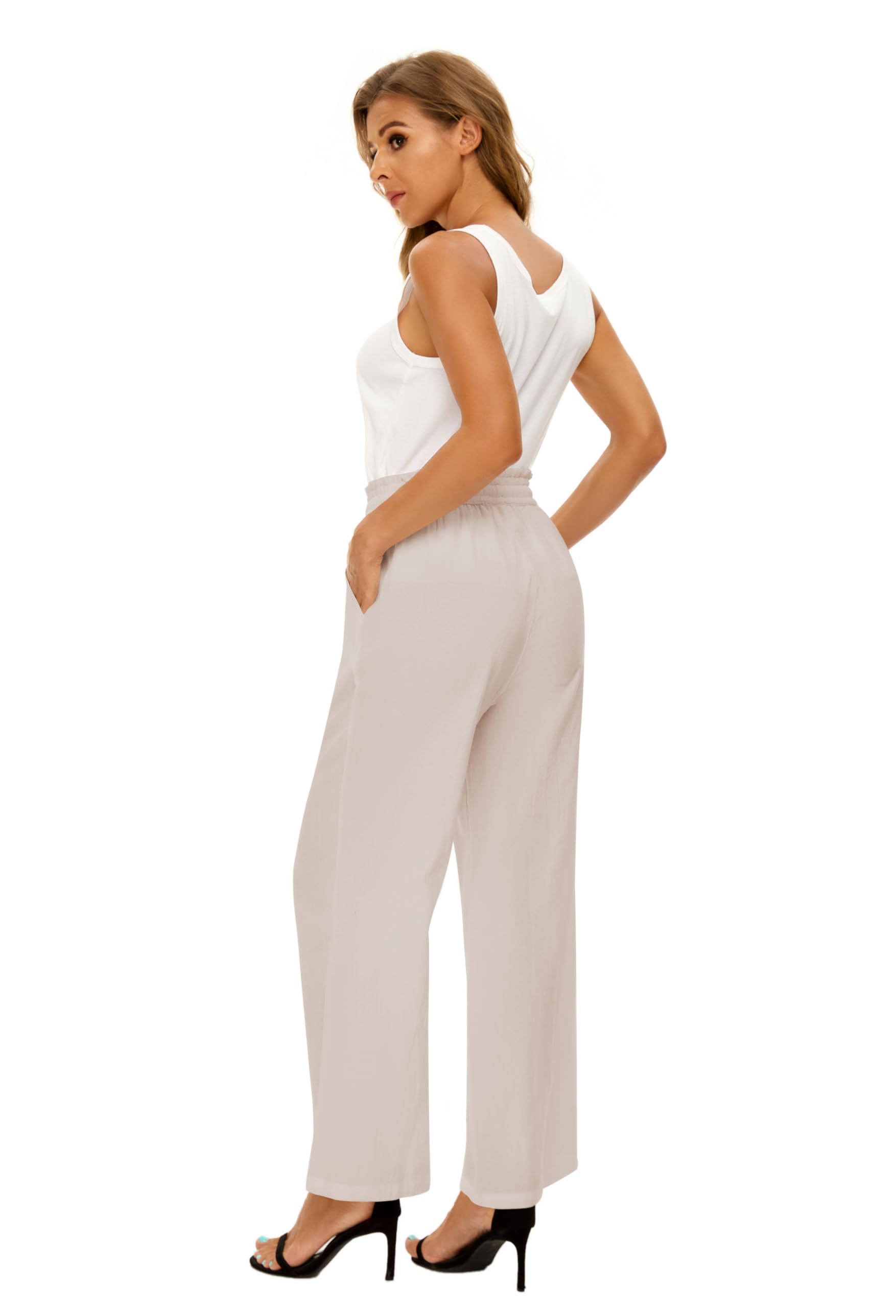 Women's High Waisted Linen Pants - Wide Leg Casual Drawstring Lounge Pants with Pockets | Breathable Summer Trousers for Beach, Yoga & Relaxation