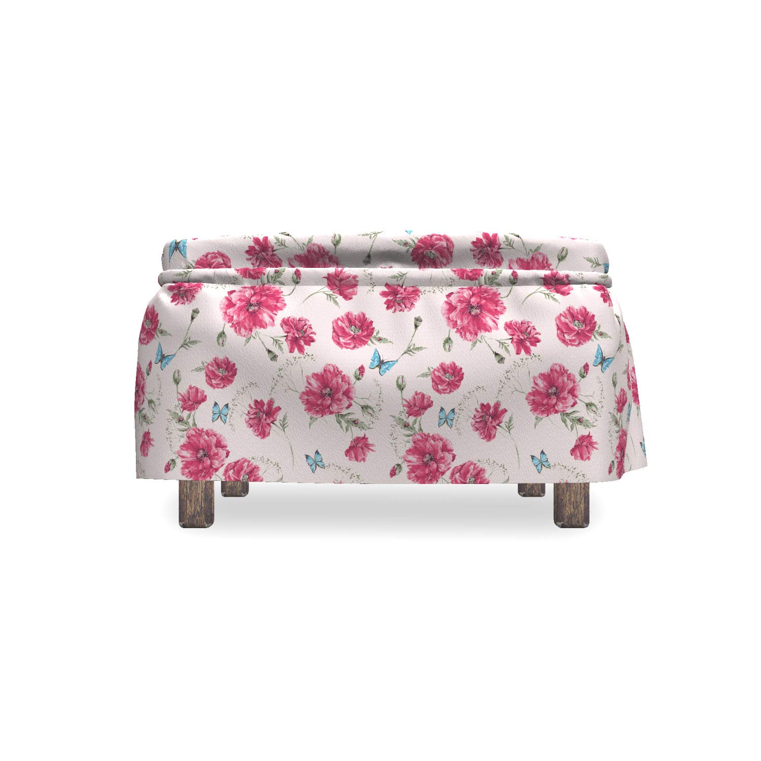 Ambesonne Aqua and Pink Ottoman Cover Slipcover Set - 2 Piece Summer Poppies Design with Ruffle Skirt for Square Round Cube Footstool, Standard Size Home Decor in Aqua Pink and Pale Pink | Perfect for Living Room, Bedroom, Nursery Decor and Gift Giving