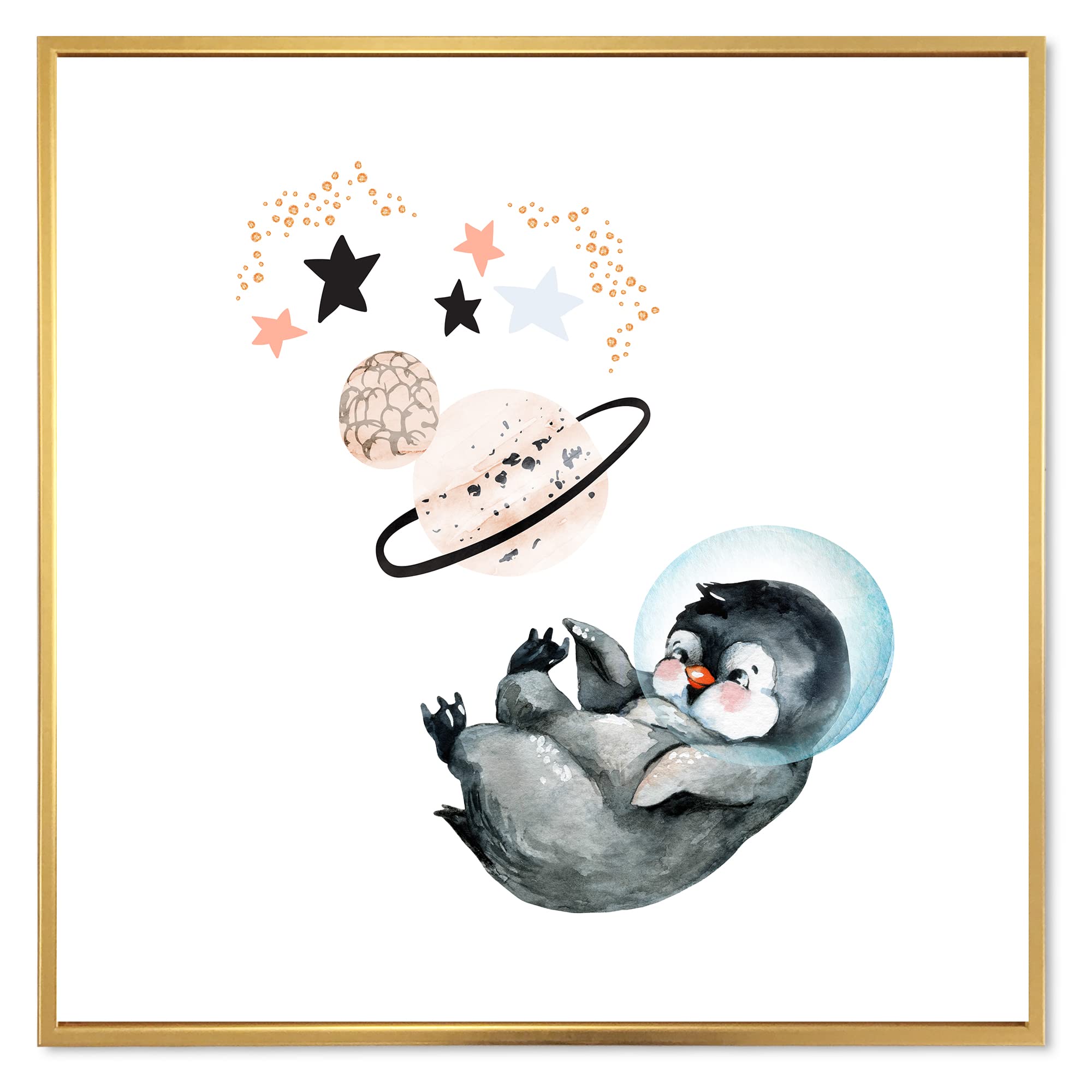 DesignQ Little Penguin with Stars and Planets Farmhouse Framed Canvas Wall Art Print - Nursery Decor, Kids Room Decoration, Living Room Wall Art