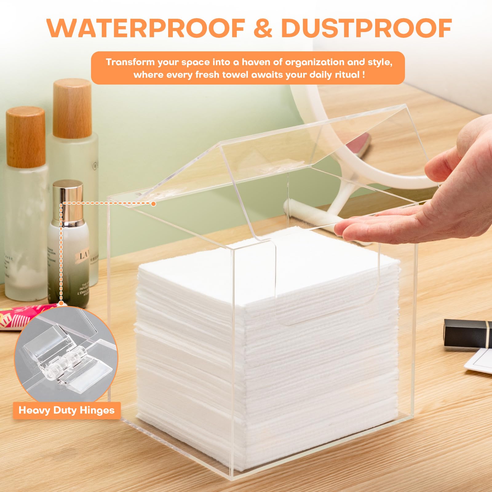 **Noverlife Clear Acrylic Disposable Face Towel Storage Box with Lid - 7x6x7in XL Towel Dispenser Case for Vanity, Bathroom & Spa - Organize Facial Towels, Skin Club Essentials & Beauty Accessories**