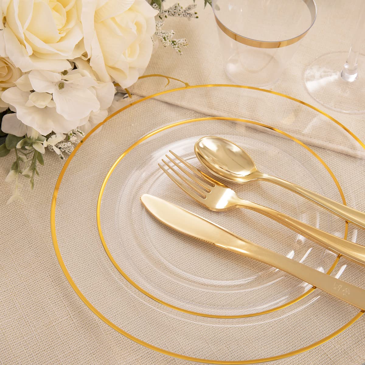 150-Piece Gold Plastic Dinnerware Set - 25 Dinner Plates, 25 Dessert Plates, 25 Cutlery & 25 Cups - Elegant Disposable Gold Party Plates for Weddings, Showers & Special Events - Perfect for Outdoor Gatherings, Birthday Parties & Holiday Celebrations