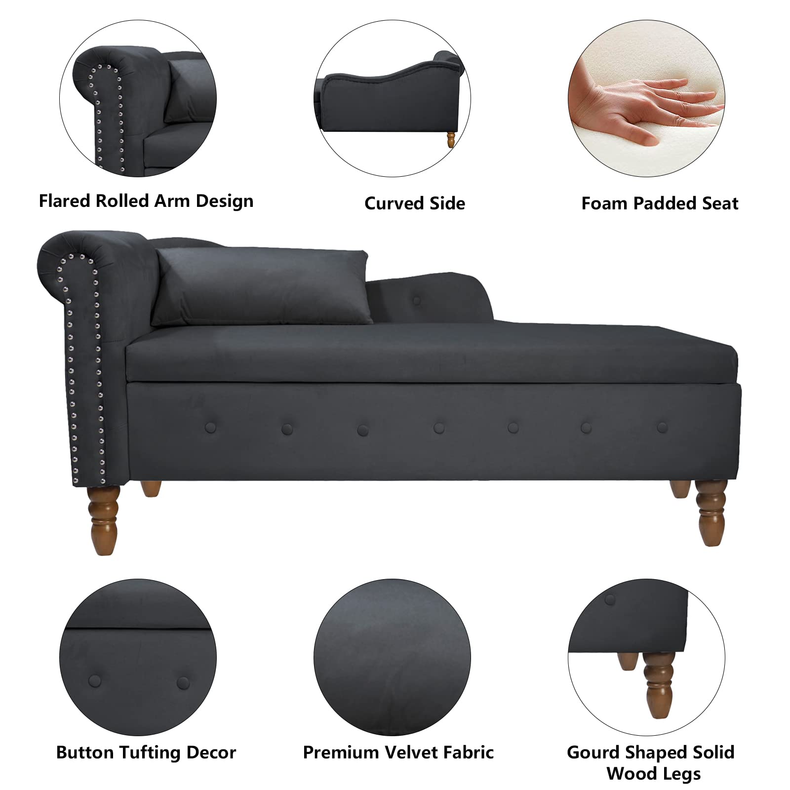 Setawix Velvet Chaise Lounge Chair with Storage - Tufted Ottoman Bench for Living Room, Bedroom & Office - Rolled Arm End of Bed Bench - Window Seat & Entryway Storage Solution (Black) - Perfect for Small Spaces, Reading Nooks & Home Decor