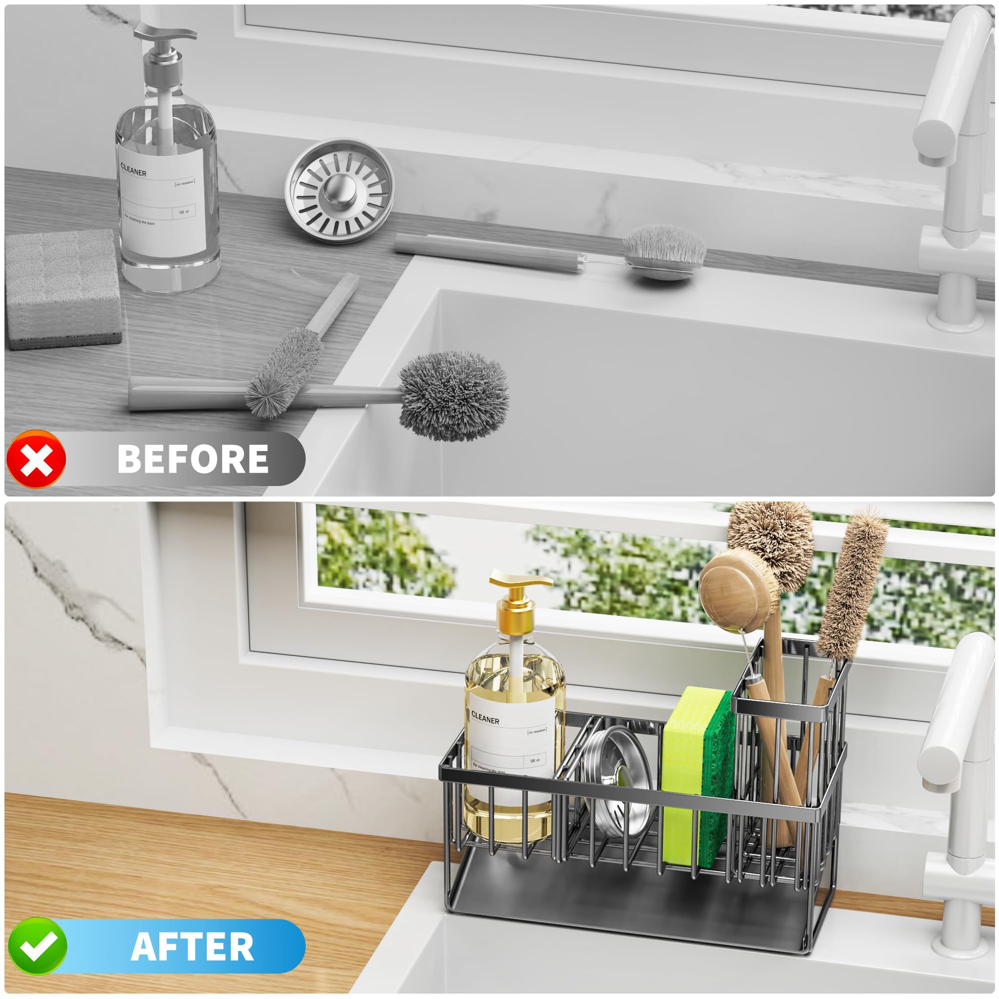 Cisily Stainless Steel Kitchen Sink Organizer with Brush & Sponge Holder, 304 Rustproof Countertop Soap Dispenser, Space-Saving Kitchen Decor for Modern Homes, Perfect for Small Kitchens and Apartment Living