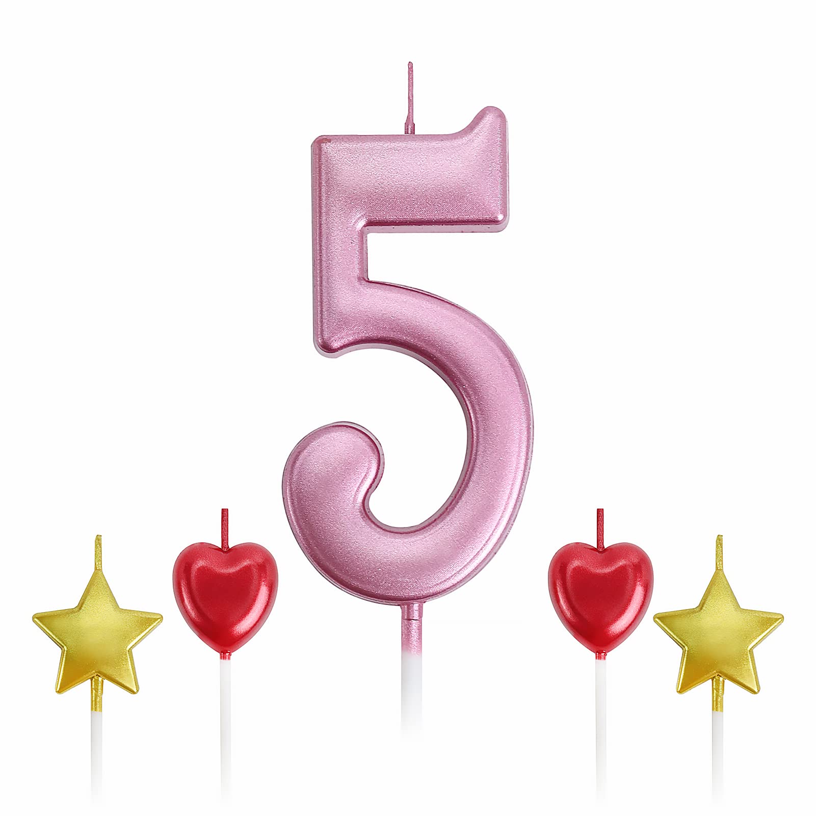 5th Birthday Candles Pink - Number Cake Candles with Star & Heart Topper for Kids Party Decor