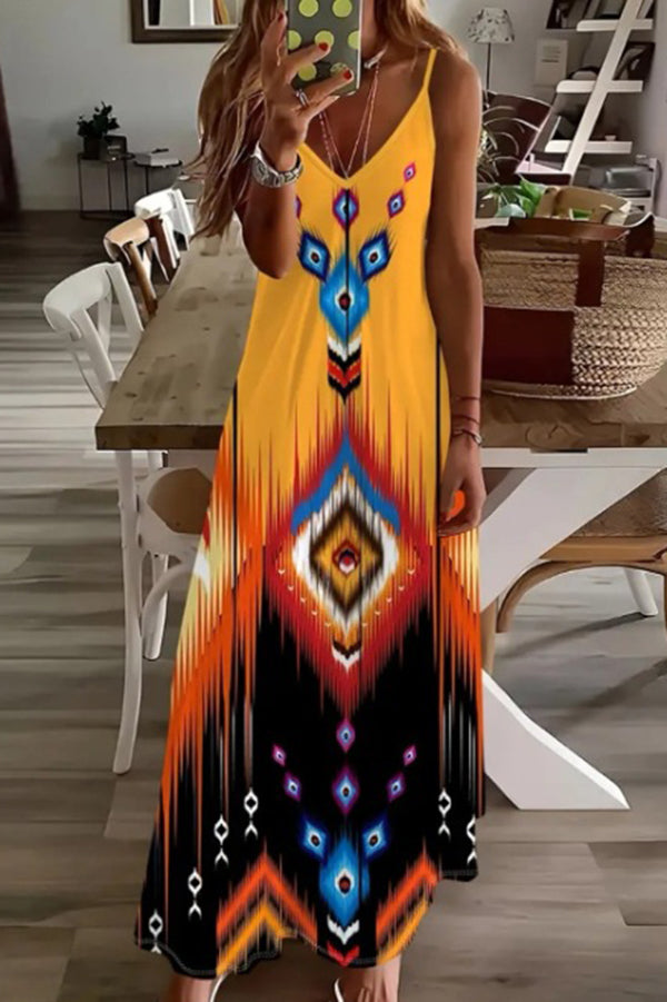 Stylish Printed V-Neck Maxi Dress with Suspenders - Perfect for Casual Outings, Beach Vacations & Summer Parties