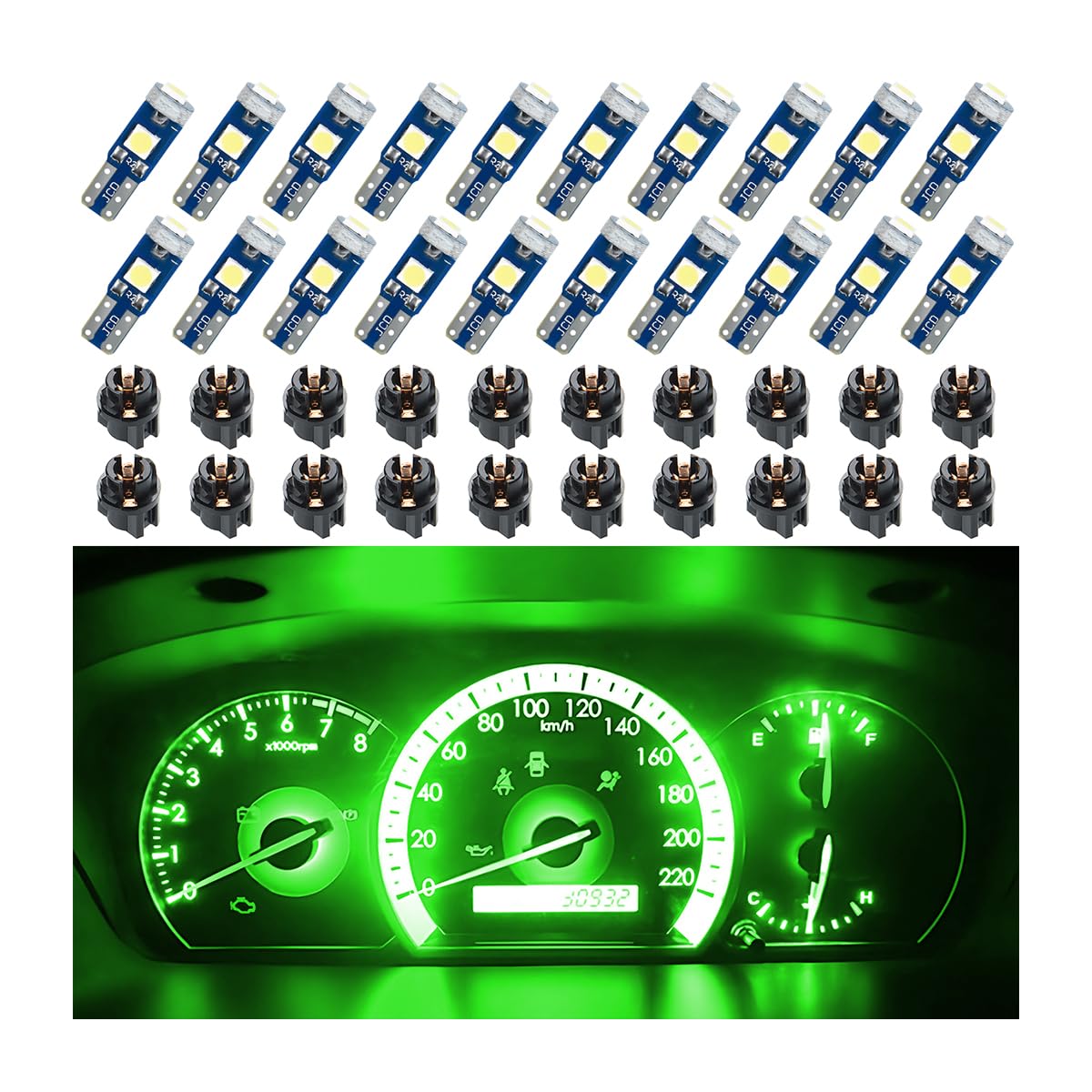 BELOMI 20 Pcs T5 LED Bulbs for Car Dashboard - Super Bright 3030-3SMD Replacement with Twist Lock Socket - Green Instrument Cluster Gauge Lights (Perfect for Night Driving & Dashboard Illumination)