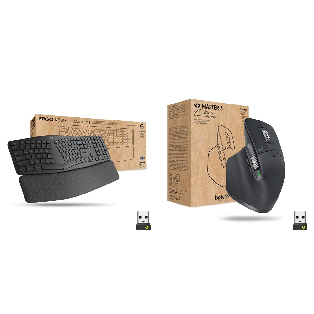 Logitech Ergo K860 Split Wireless Keyboard & MX Master 3 Wireless Mouse Combo for Business - Ergonomic Design, Logi Bolt Technology (Graphite) - Perfect for Office Work, Programming, and Long Typing Sessions