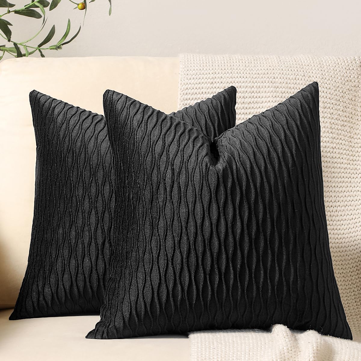 DEZENE Black Striped Velvet Pillow Covers - 2 Pack 20x20 Inch Square Throw Pillow Cases for Sofa, Couch, Bed - Farmhouse & Boho Home Decor for Living Room, Bedroom