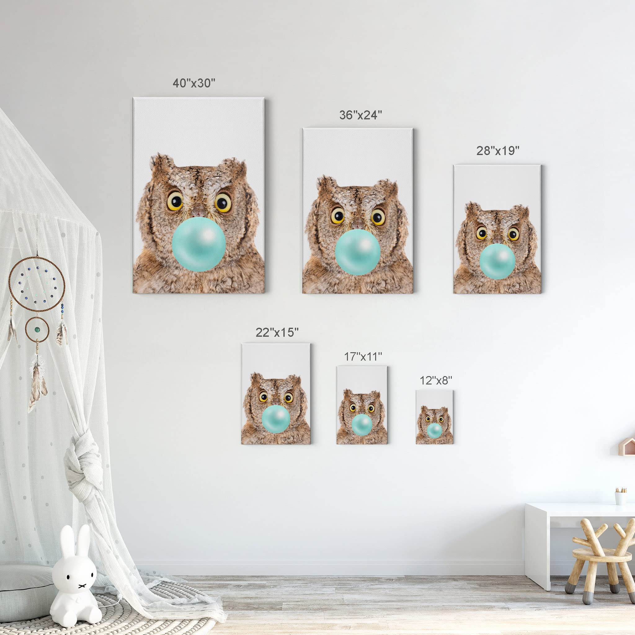 Eurasian Scops Owl Chewing Blue Bubble Gum Canvas Wall Art Print - 28x19 Inch Pop Animal Art for Office, Living Room, Bedroom & Nursery Decor | African Safari Theme Kids Room Wall Decor