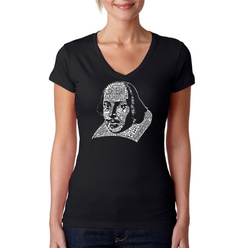 Women's Shakespeare Comedies & Tragedies Word Art V-Neck T-Shirt - Black Large Size - Perfect for Theater Lovers, Book Clubs & Literary Gifts