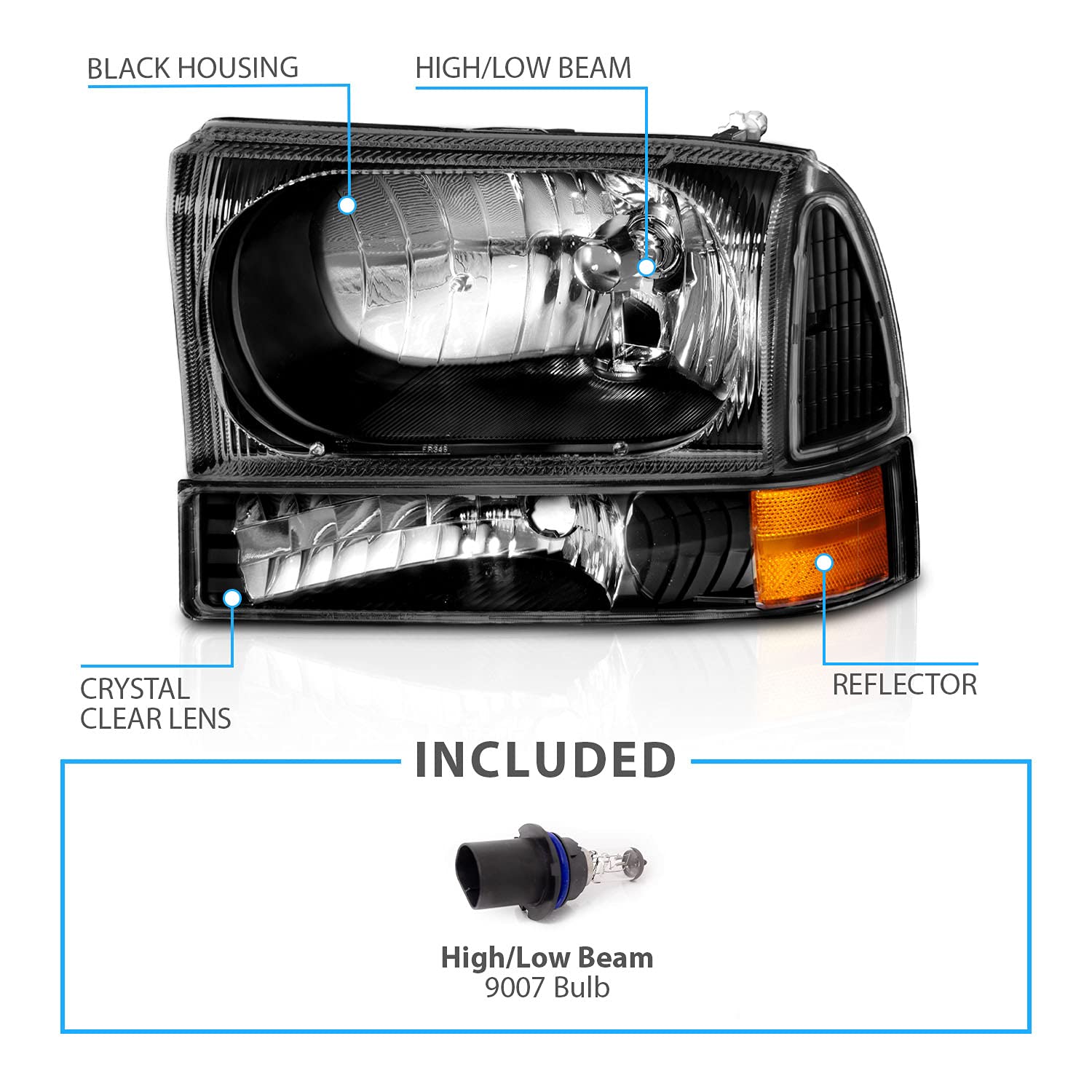 AmeriLite OE Black Headlights Set for Ford Excursion/Super Duty Trucks 1999-2004 - Upgrade Your Night Driving