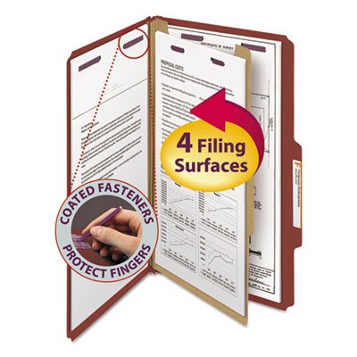 Self-Tab Pressboard Classification Folders - Legal Size, 4-Section, Red, 10 per Box (50 Total) - Perfect for Office, School, and Legal Document Organization