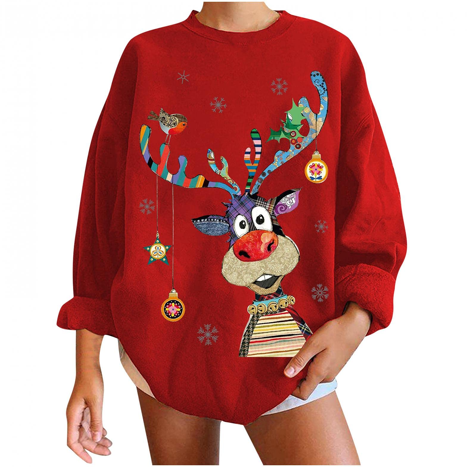 Festive Christmas Sweatshirts for Women - Oversized Crewneck Long Sleeve Pullover with Cute Reindeer Print | Holiday Party, Family Gathering & Cozy Winter Outfit
