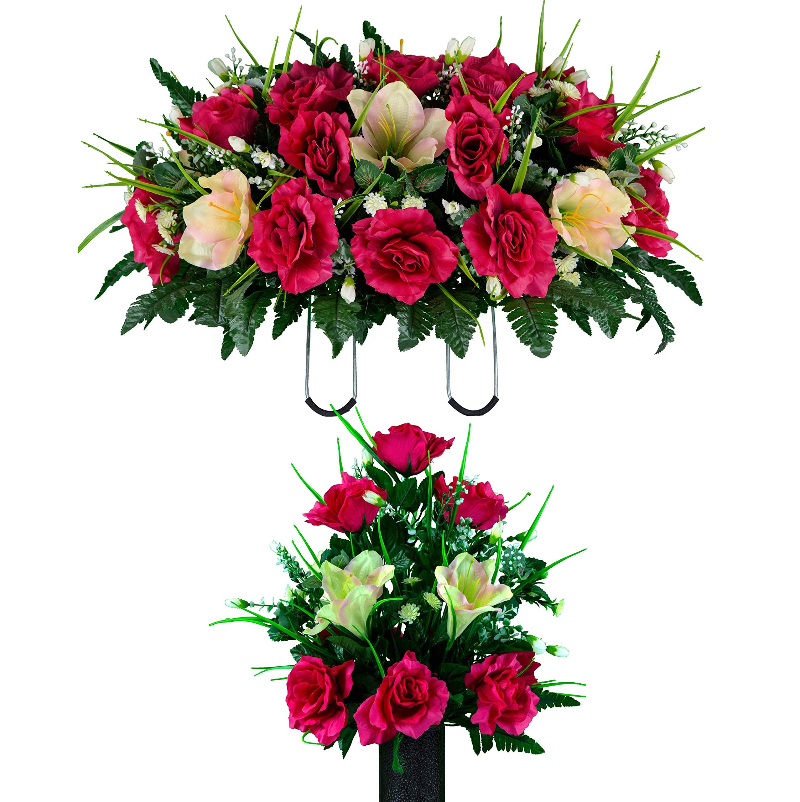 Sympathy Silks Artificial Cemetery Flowers - Realistic Vibrant Roses for Outdoor Grave Decorations, Non-Bleed Colors & Easy Fit - Cream Pink Amaryllis & Fuchsia Rose Bouquet with Saddle - Perfect for Memorials, Headstones, and Funeral Tributes