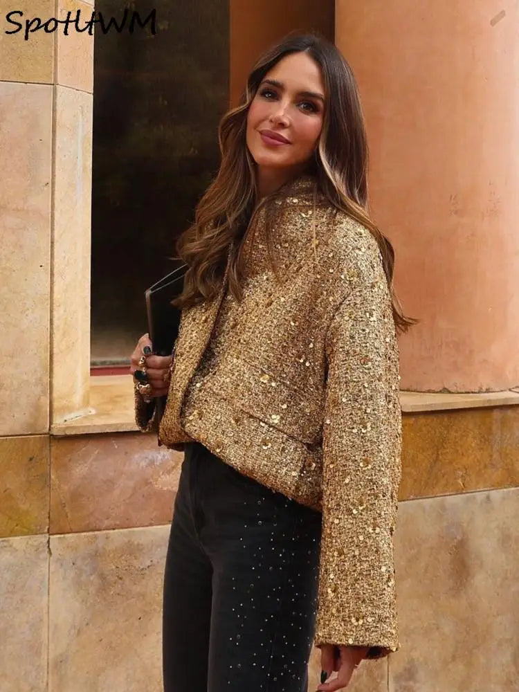 Elegant Gold Sequin Women's Short Jacket with Covered Buttons - Long Sleeve Loose Fit Coat for Autumn | Casual Streetwear for Ladies | Perfect for Parties, Date Nights & Evening Outings