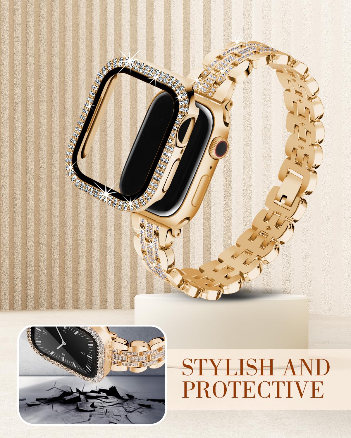 Sparkling Diamond Apple Watch Band 45mm for Women - Luxury Metal Bracelet with Crystal Protector Case, Compatible with iWatch Series 9/8/7 - Perfect for Parties, Weddings & Special Occasions