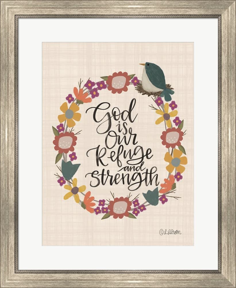 Lisa Larson 'God is Our Refuge' Framed Art Print - Silver Scoop Frame, 23x28 Inches - Inspirational Christian Wall Decor for Home, Office & Church