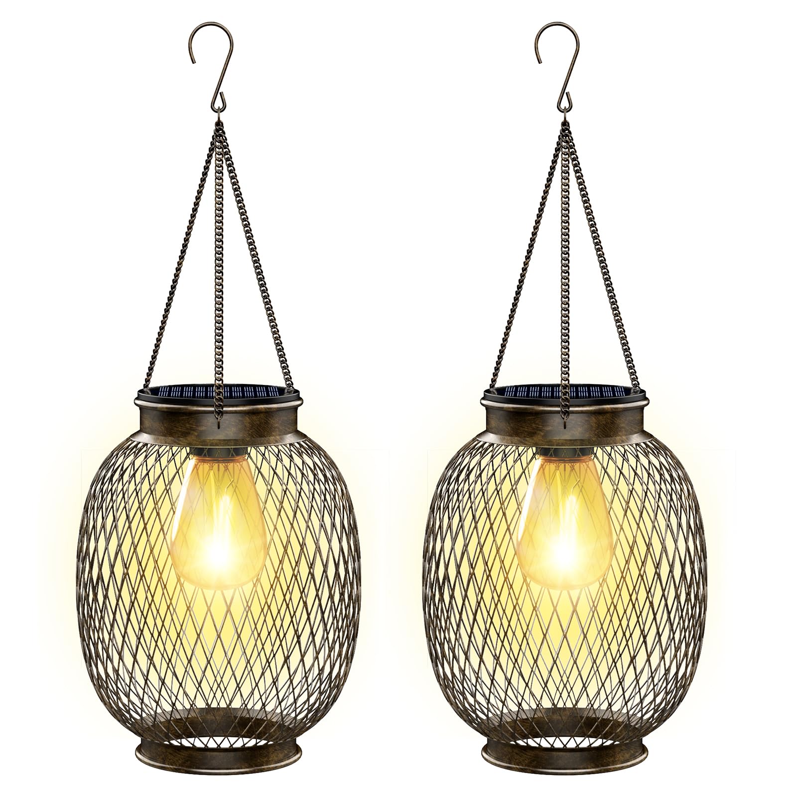 2 Pack Vintage Bronze Solar Lanterns - Waterproof Outdoor Hanging Lights with Hooks for Garden, Patio, Balcony & Yard | Solar Powered Decorative Lighting for Evening Ambience & Pathway Illumination