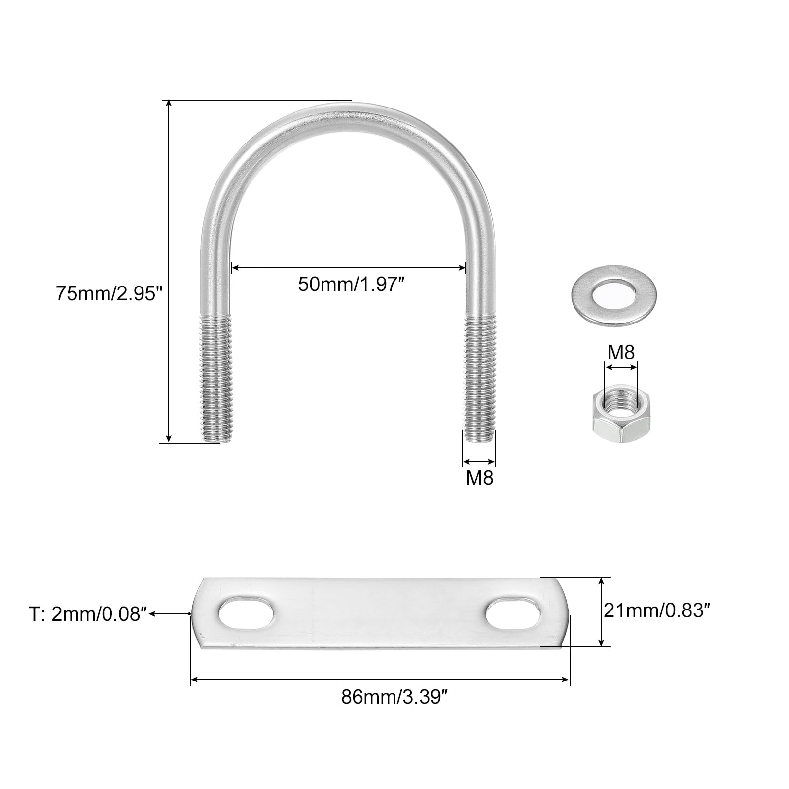 Stainless Steel U-Bolts 8 Sets - 50mm (1.97