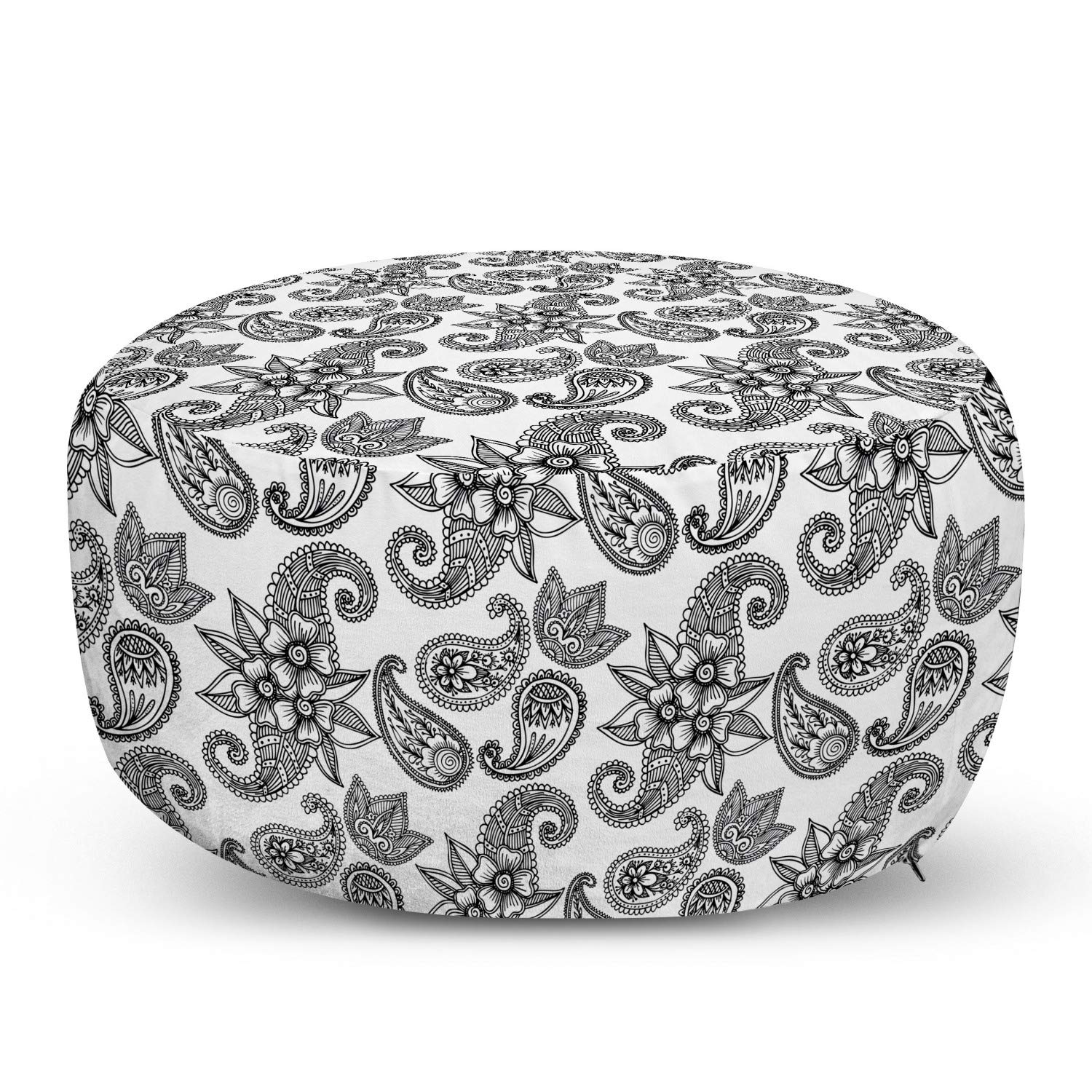 Ambesonne Ethnic Ottoman Pouf - Paisley Inspired Monochrome Floral Pattern Footrest with Removable Cover for Living Room & Bedroom - Charcoal Grey & White - Perfect for Home Decor, Lounge Seating and Extra Guest Seating