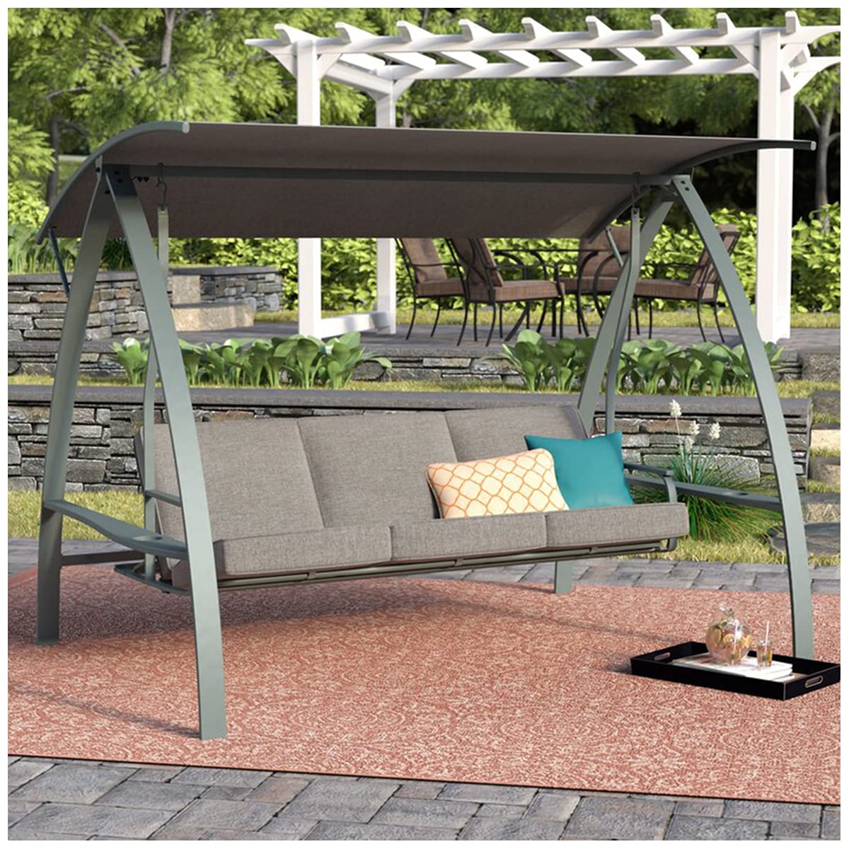 Asifom 3-Person Outdoor Patio Swing Bench with Adjustable Canopy - Weather-Resistant Steel Frame & Cushions - Grey - Perfect for Backyard, Garden, Porch or Deck Relaxation